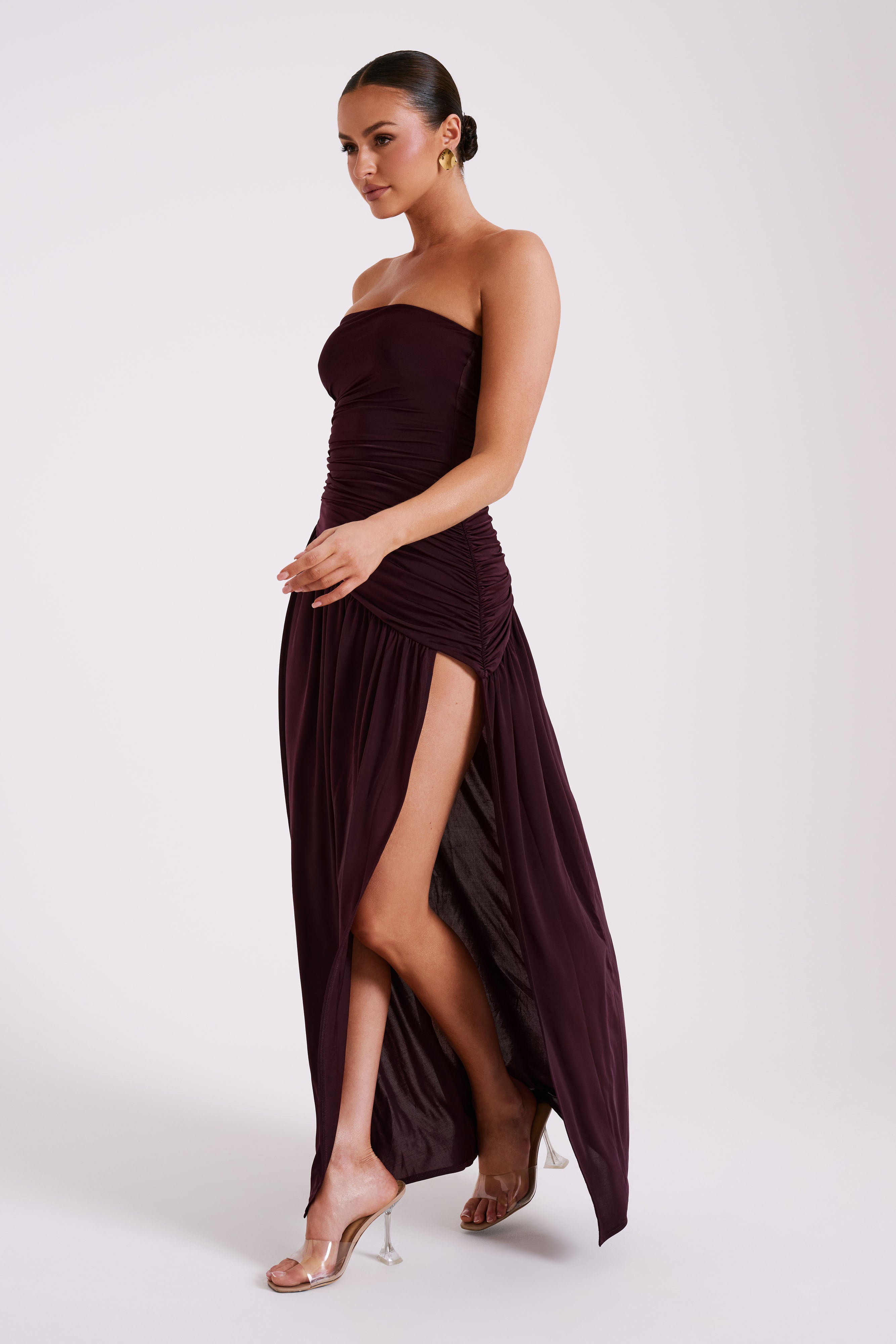 Bex Strapless Slinky Maxi Dress with High Slit - Burgundy Red Evening Gown for Parties, Weddings & Date Nights