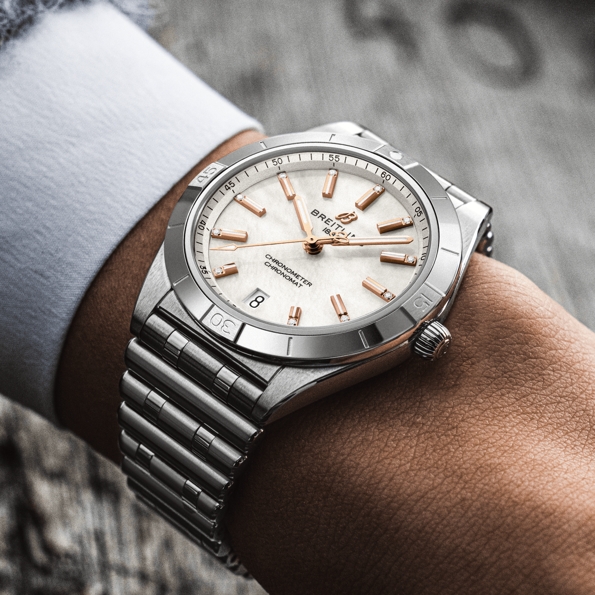 Breitling Chronomat Automatic 36mm Watch - Mother of Pearl Dial with Diamond Accents & Stainless Steel Bracelet | Luxury Women's Watch for Business, Gala & Special Occasions