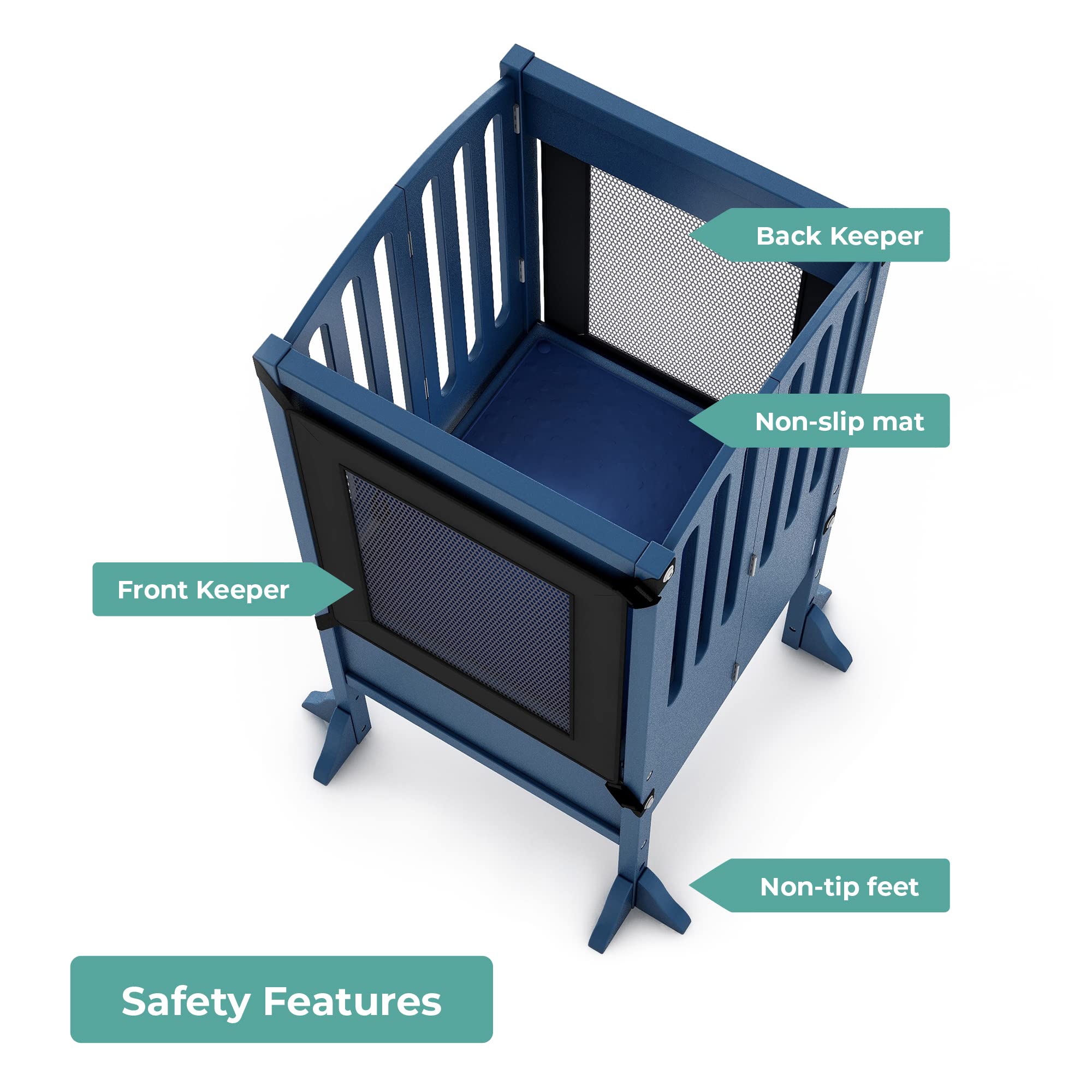 Guidecraft Contemporary Kitchen Helper Stool - Royal Navy: Adjustable Height Folding Toddler Safety Tower with Non-Slip Mat | Kids Learning Step Stool for Cooking, Baking & Kitchen Activities | Montessori Furniture for Toddlers & Little Helpers