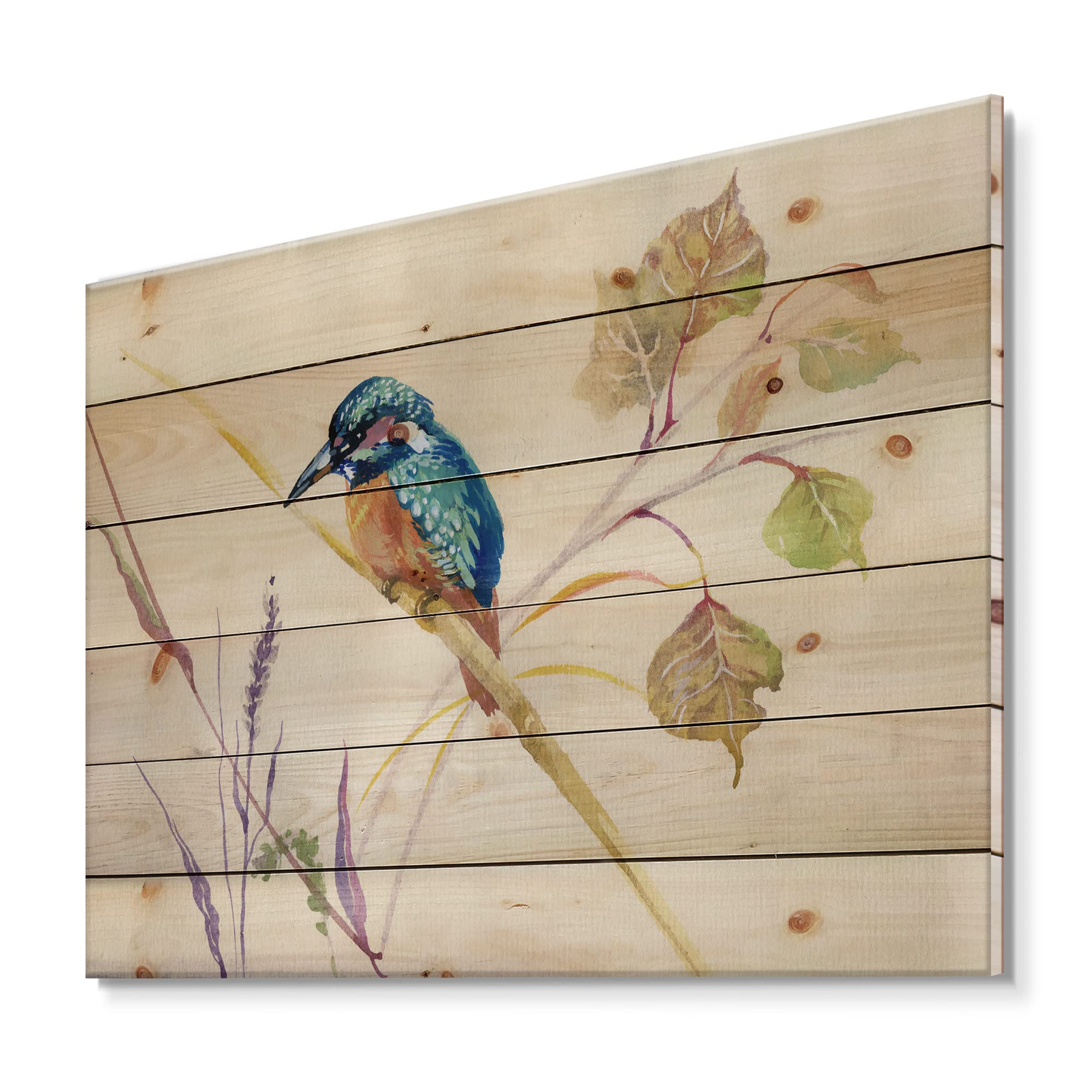 DesignQ Traditional Wood Wall Art - Common Kingfisher Bird & Nature Decor, Beige Wood Wall Panel, Large Animal Print on Natural Pine Wood | Perfect for Living Room, Bedroom & Office Decor