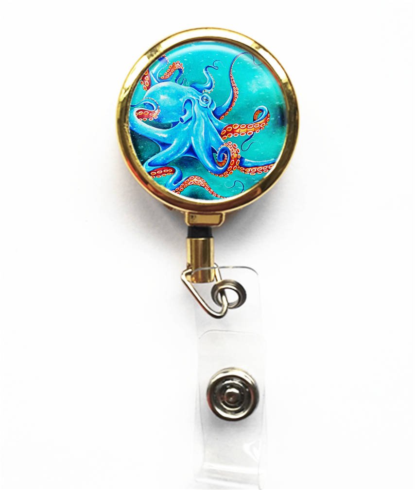 RhyNSky Octopus Animal Business ID Card Holder - Retractable Badge Reel with Belt Clip (Gold, C1080) - Perfect for Office, Events, Conventions & Trade Shows
