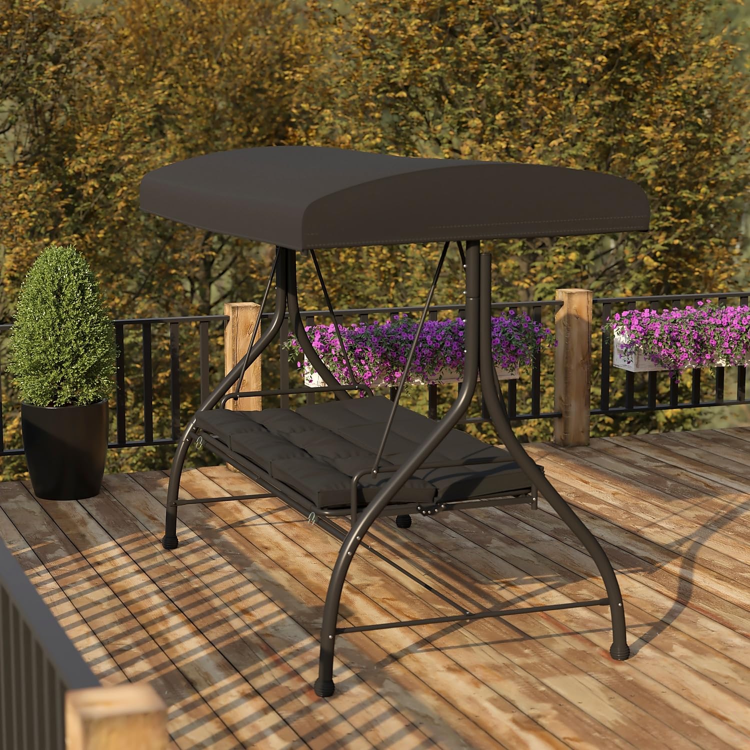 Flash Furniture Tellis 3-Seat Outdoor Steel Patio Swing with Canopy & Cushions - Convertible Hammock Swing Bed for Garden, Backyard, Deck (Black) | Perfect for Relaxing, Lounging & Outdoor Entertaining