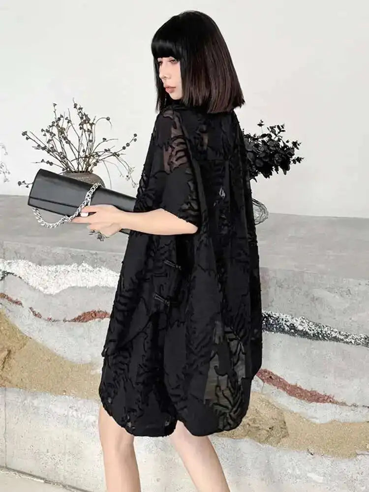 Black Jacquard Shirt & Wide Leg Shorts Two-Piece Set - Women's Fashion Short Sleeve Lapel Suit for Spring Summer 2025 | Office Wear, Casual Outfits & Vacation Style