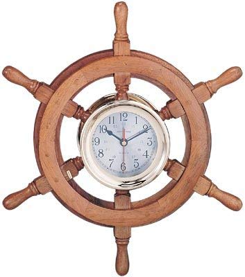 Nagina International 13 Inch Nautical Captain's Ship Wheel Clock - Vintage Maritime Wall Decor for Home, Office, or Boat Cabin