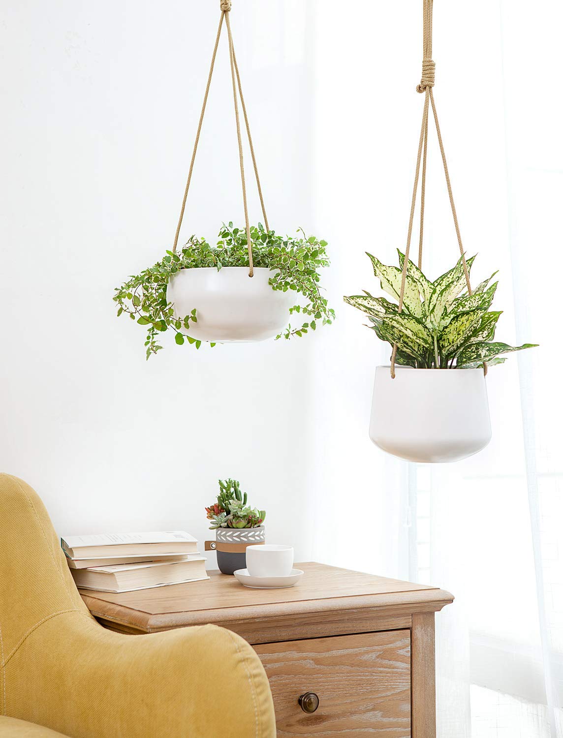 **Mkono Ceramic Hanging Planters Set of 2 - 8 Inch Shallow & 6 Inch Deep for Indoor & Outdoor Plants - Boho Metal Hangers with Plastic Pots - Perfect for Home, Garden, Patio, and Balcony Decor**