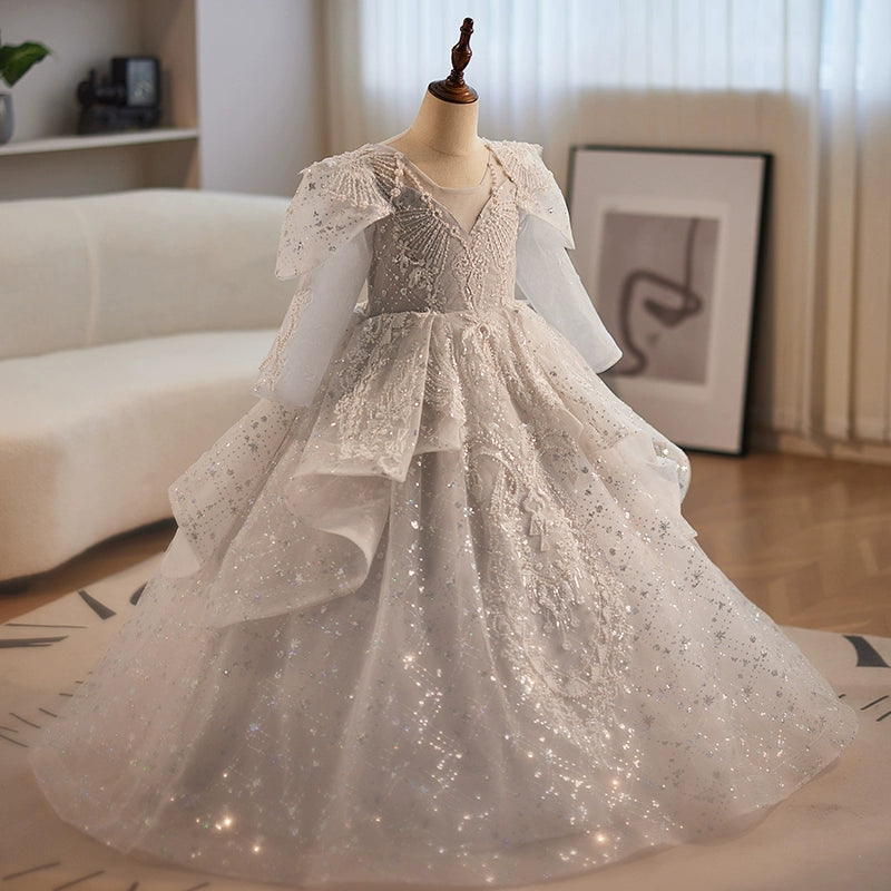 Elegant Baby Girls Jacquard Sequin Silver Long Sleeve Birthday Dress - Toddler Pageant Dress for Special Occasions & Photo Shoots