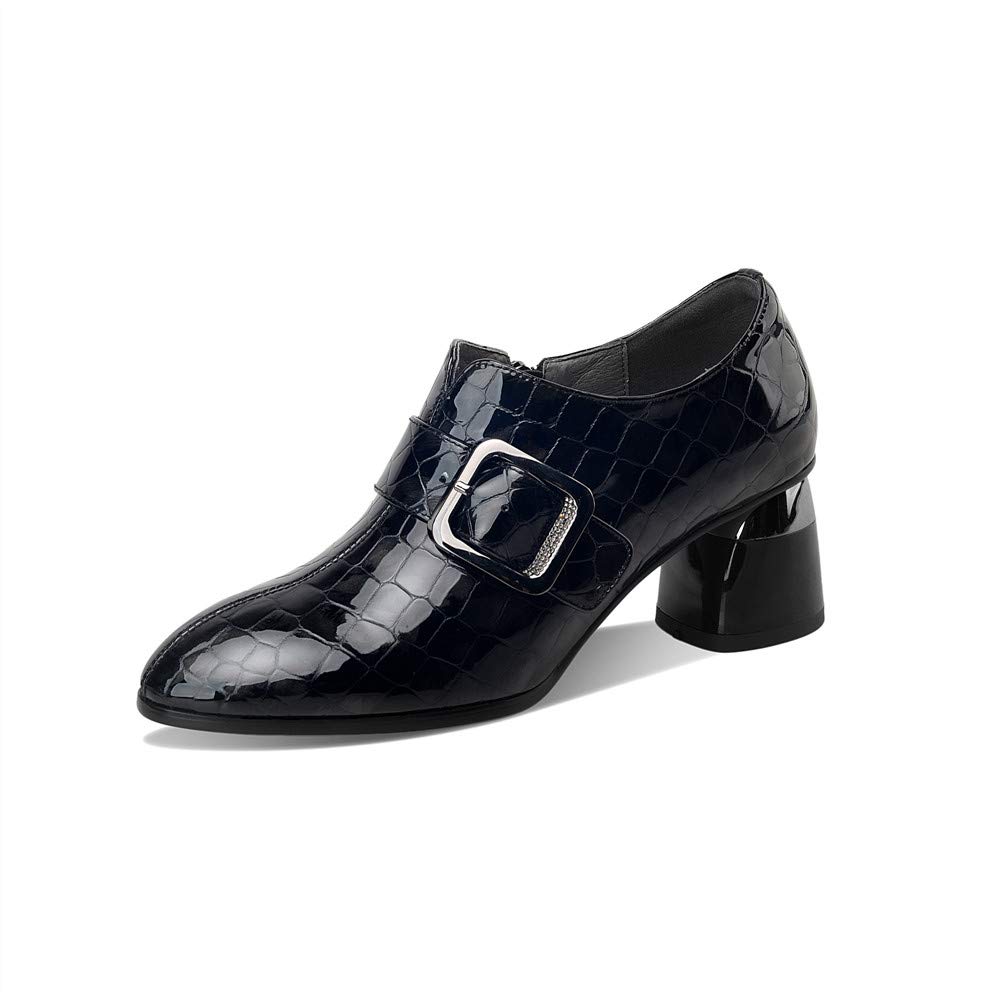 TinaCus Women's Genuine Leather Chunky Heel Buckle Pumps - Round Toe Side Zipper Handmade Casual Shoes for Office, Party & Everyday Wear
