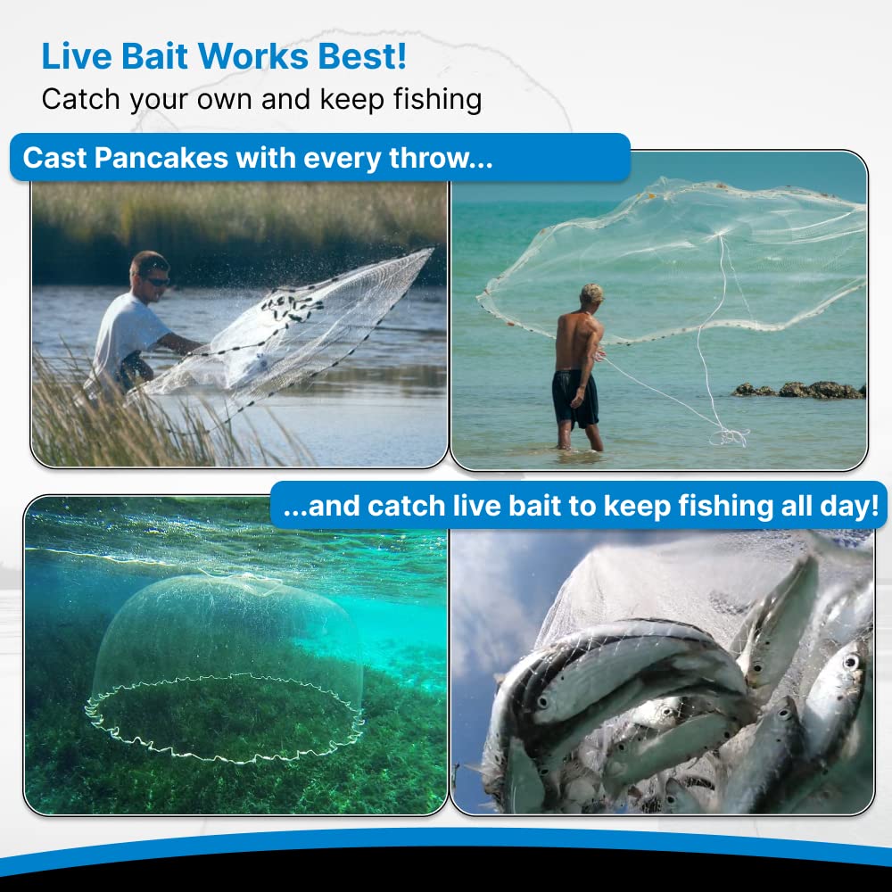 Professional Pancake Cast Net for Fishing - Heavy Duty 1.0+ lb/ft Weights, 4ft to 12ft Radius, Multiple Mesh Sizes, Freshwater & Saltwater Use - Ideal for Shore Fishing, Boat Fishing, and Bait Collection