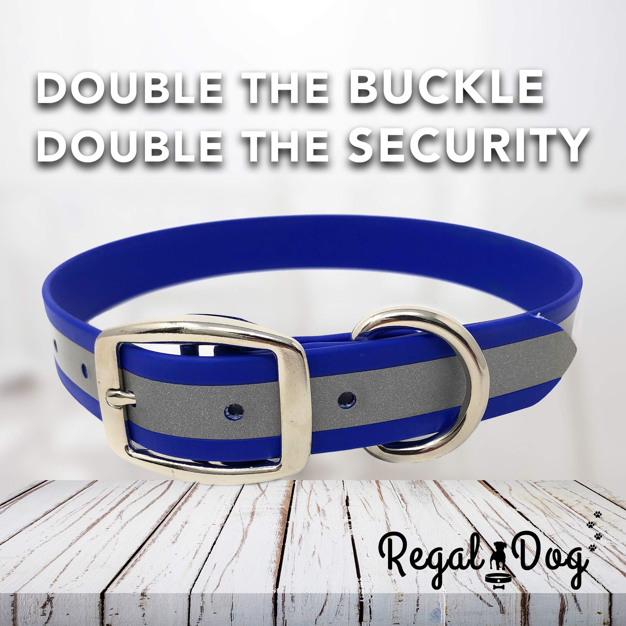 Regal Dog Products Large Blue Reflective Dog Collar and Leash Set - Waterproof Biothane Dog Collar with Heavy Duty Double Buckle, D Ring & 5ft Leash - Perfect for Medium & Large Dogs - Ideal for Night Walks, Hiking, and Outdoor Adventures