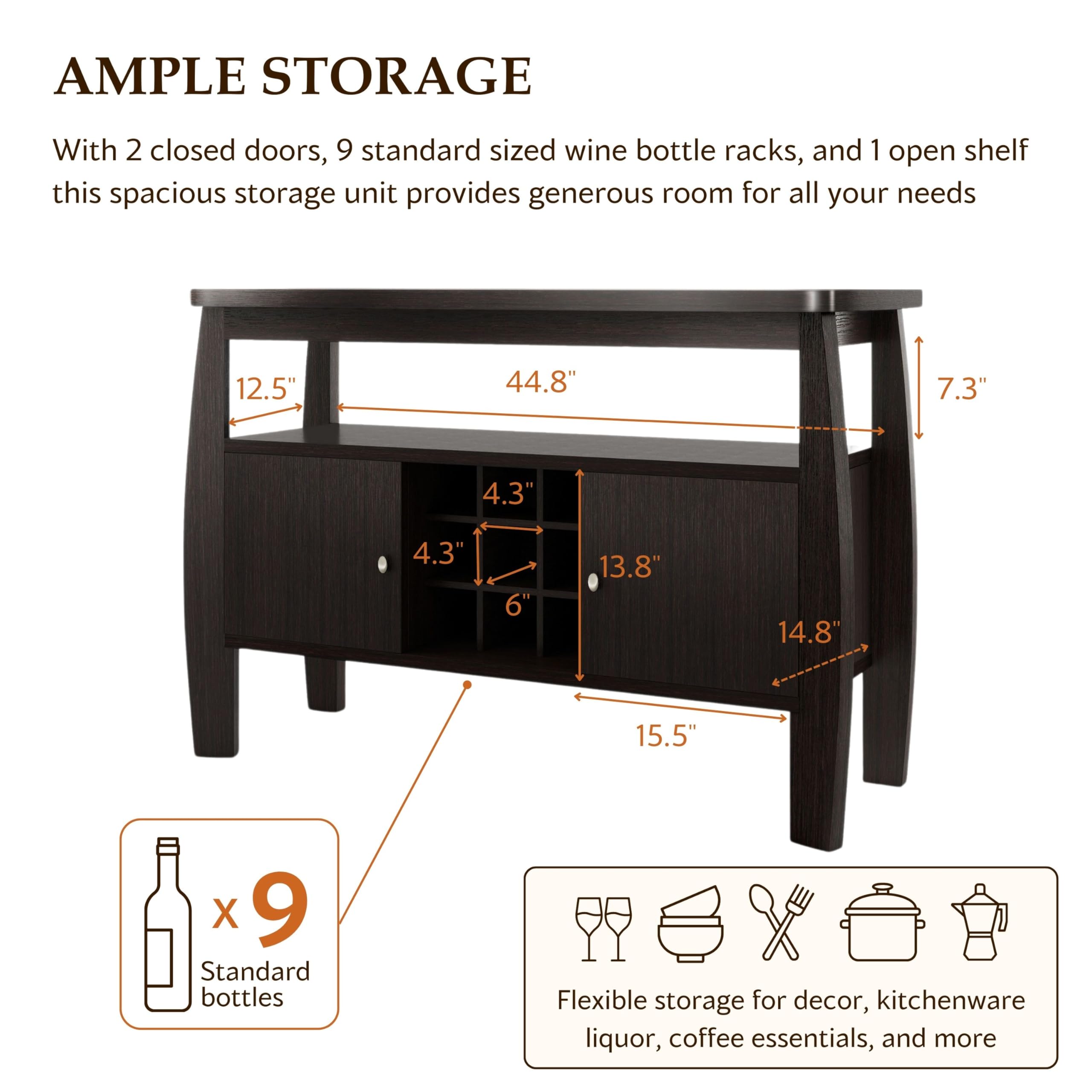Furniture of America Clyton Modern Kitchen Buffet Storage Cabinet with Doors & Shelves - Wood Sideboard Table, Coffee Bar & 9-Grid Wine Rack for Dining Room, Living Room - Dark Espresso Finish - Perfect for Entertaining, Storage & Home Decor