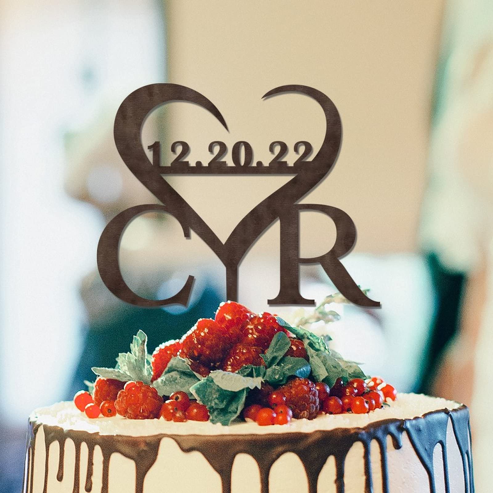 Custom Monogram Wedding Cake Topper - Rustic Wooden Cake Decor for Engagement, Bridal Shower & Anniversary - Personalized Last Name Cake Topper for Romantic Weddings & Special Celebrations