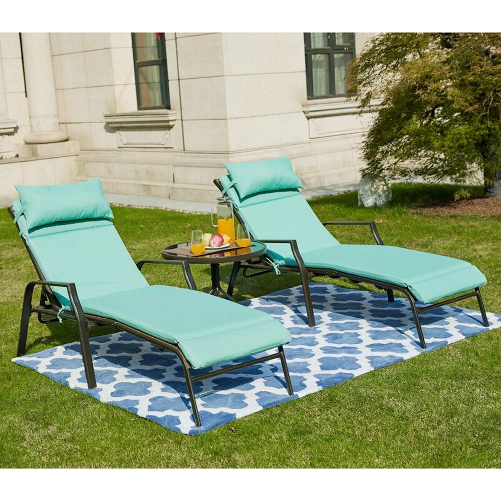 Premium Adjustable Outdoor Lounge Chair with Folding Table - Light Green Patio Chaise Lounge for Camping, Beach, Poolside & Backyard Relaxation | 3-Piece Portable Metal Recliner Set for Ultimate Comfort
