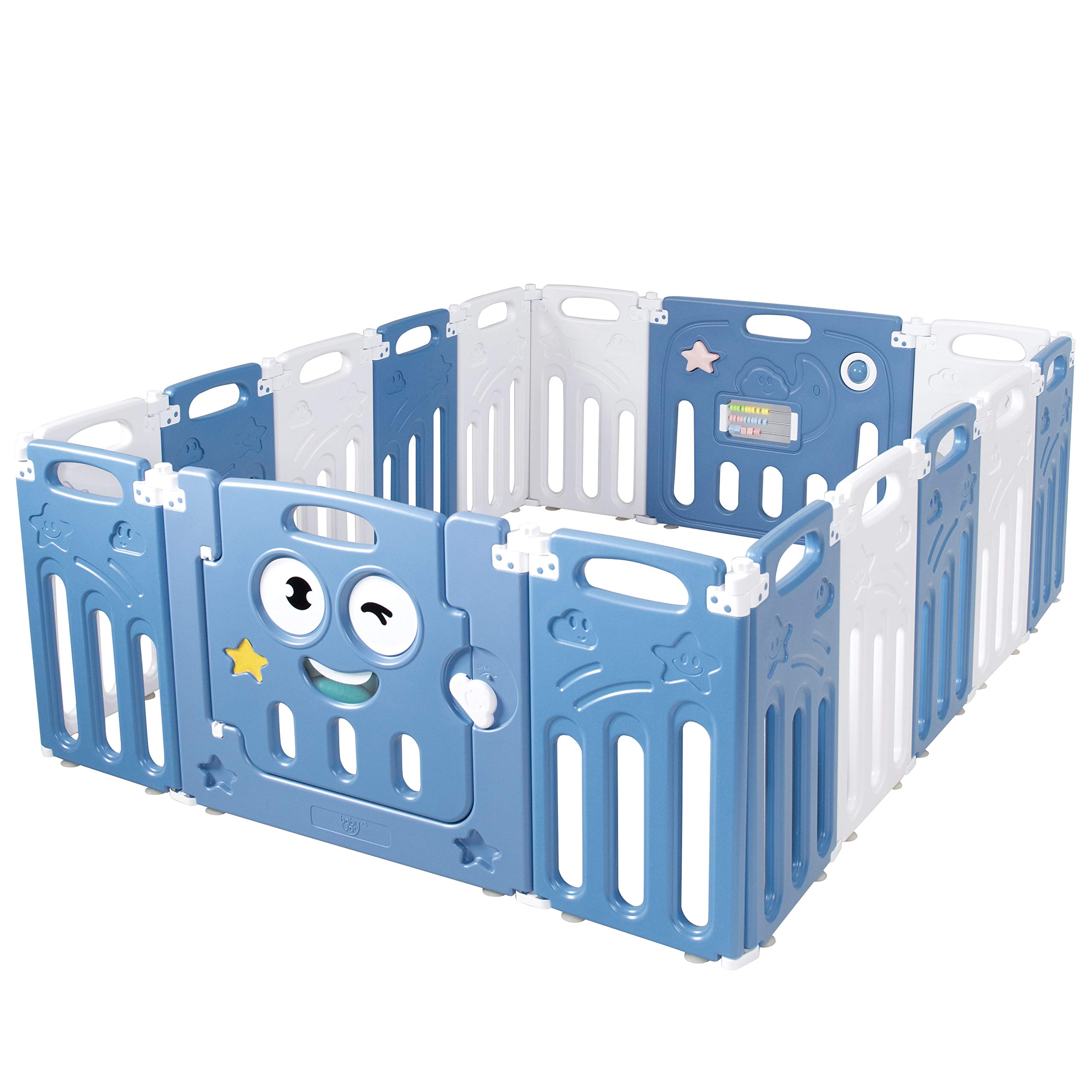 Costzon 16-Panel Foldable Baby Playpen with Locking Door & Anti-Slip Bases - Adjustable Safety Play Yard for Toddlers & Kids - Indoor/Outdoor Use for Playroom, Backyard, Beach & Travel (Blue & White)