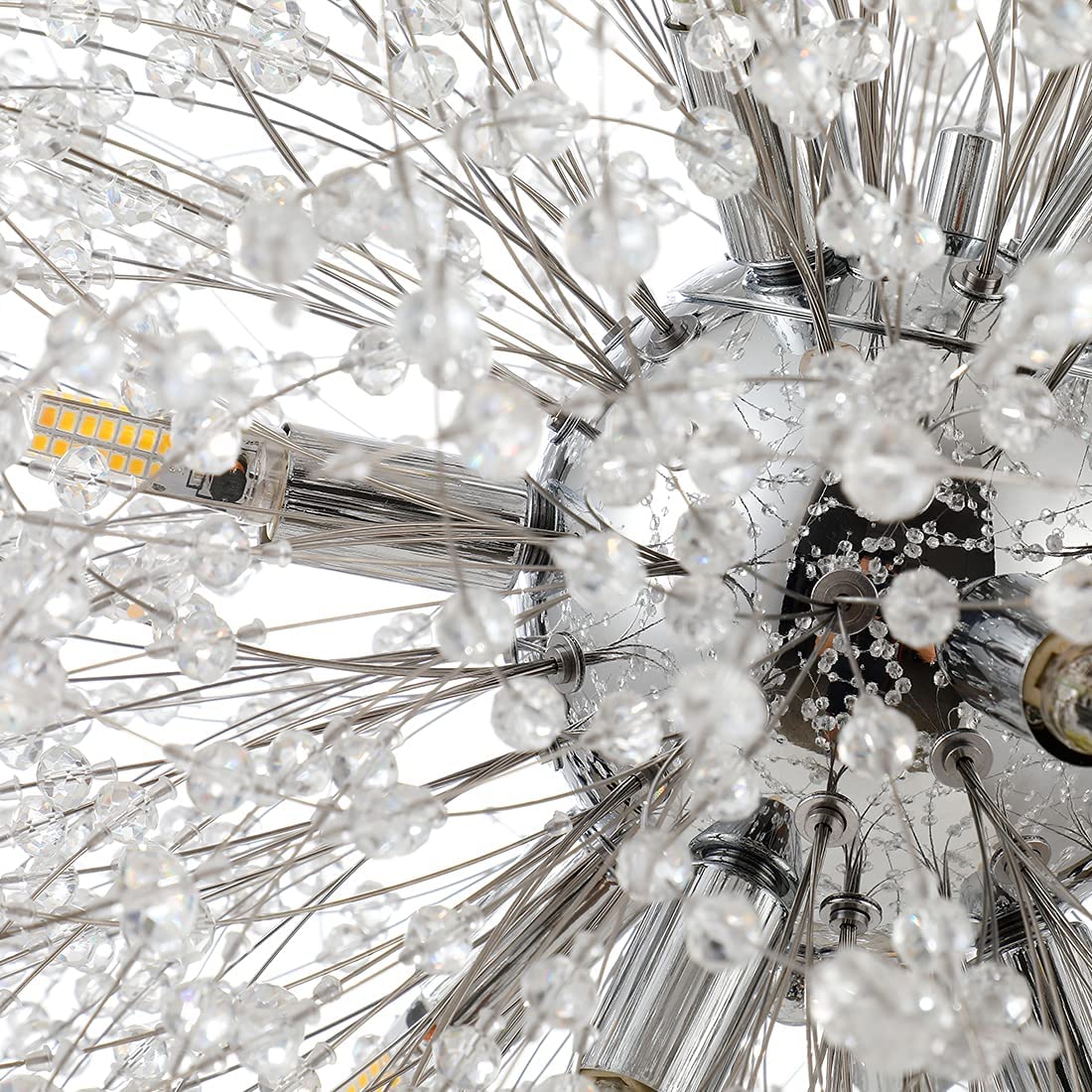 Modern Dandelion Chandelier - Chrome Firework Hanging Lamp with Sputnik Crystal Pendants - 16-Light Fixture for Kitchen Island, Dining Room & Living Room (25.59