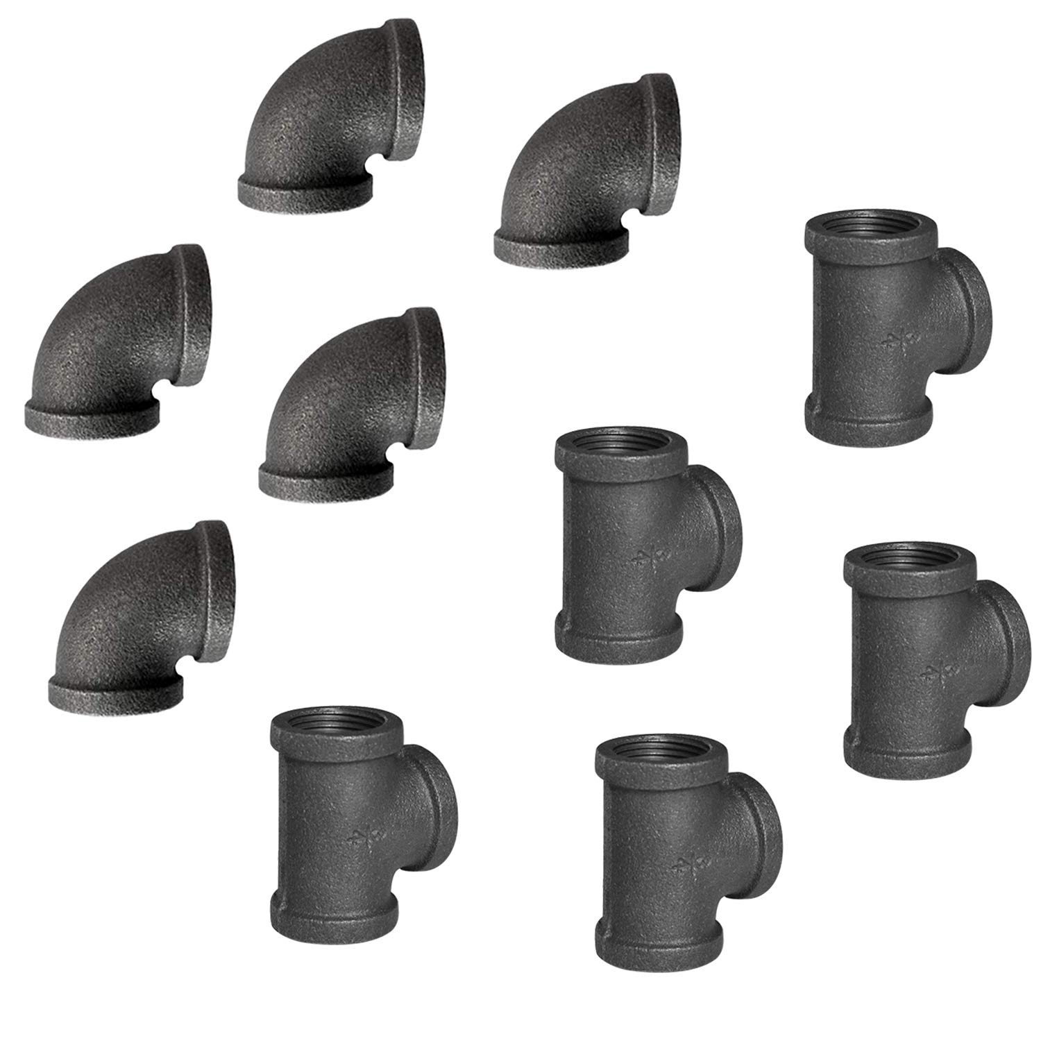 1/2 Inch Malleable Cast Iron Pipe Fittings - 10 Pack Threaded Tee & Elbow for Steampunk DIY Decor, Furniture, Shelving - Vintage Industrial Style (5 Elbows, 5 Tees) - Perfect for Home Decor, Industrial Furniture, and Steam Punk Projects
