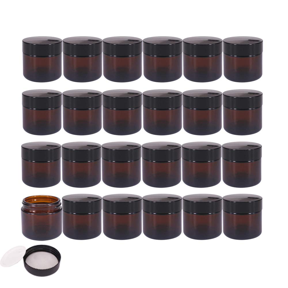 BPFY 24 Pack 2 oz Amber Glass Cosmetic Jars with Black Lids & Inner Liners - Refillable Travel Containers for Makeup, Cream, Lotion, Sugar Scrubs, Eyeshadow, Slime, Paint & Jewelry Storage - Perfect for DIY Beauty, Travel Organizer & Small Craft Projects