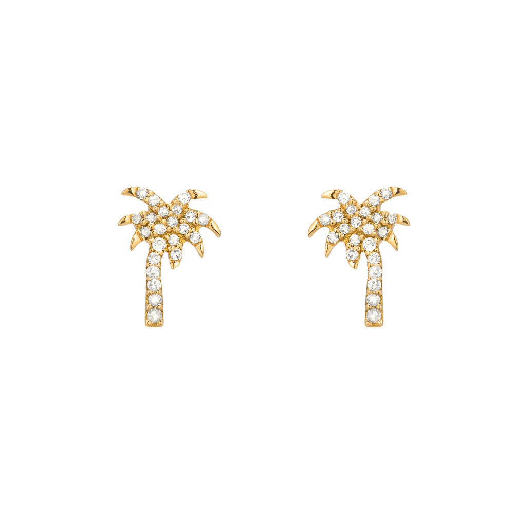 14K Yellow Gold Diamond Pavé Palm Tree Stud Earrings - Elegant Tropical Jewelry for Women, Perfect for Beach Vacations, Summer Parties & Gift Giving