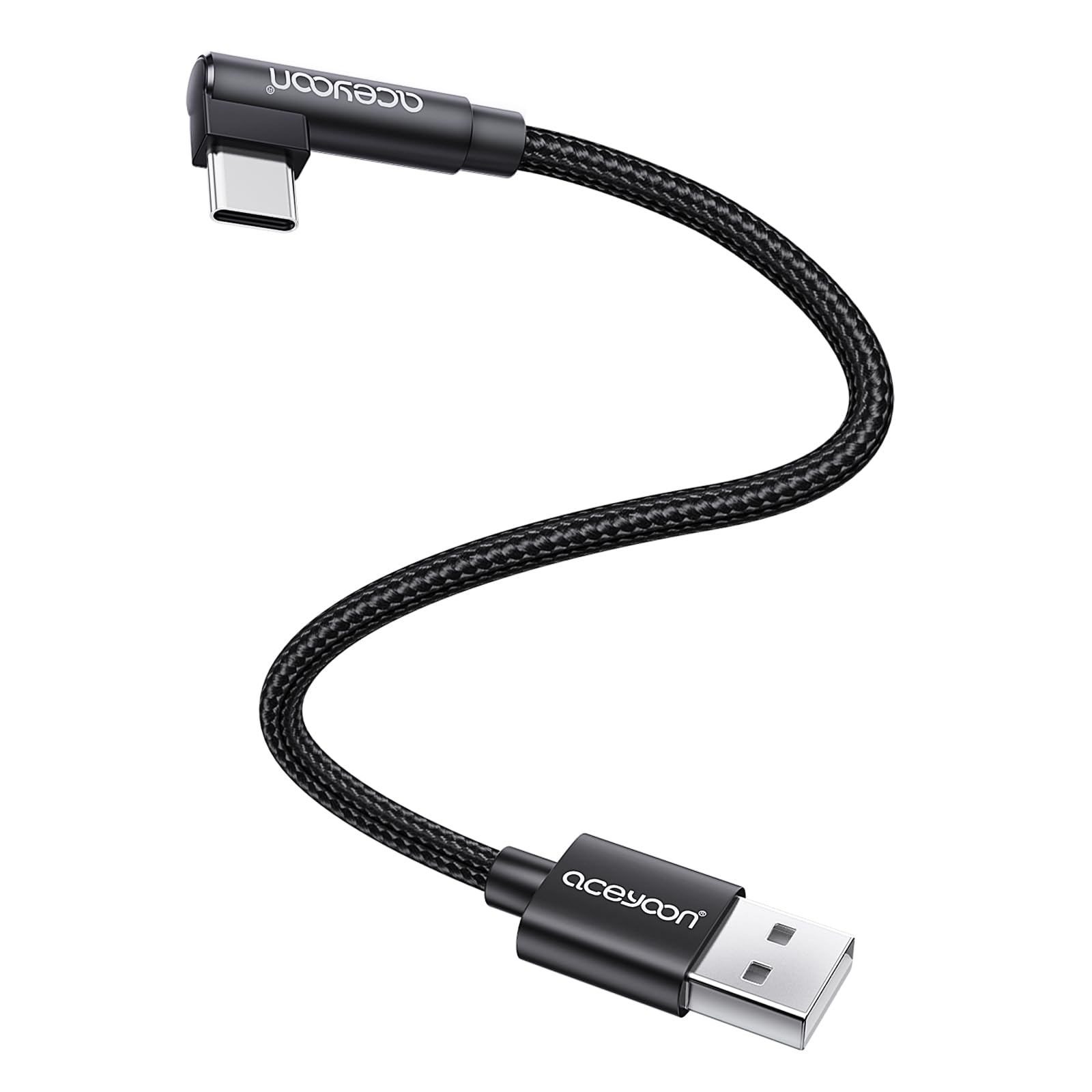 90 Degree Right Angle USB C Cable 0.3M Short - Braided USB to USB C Charger & Data Sync Cable Compatible with Samsung Galaxy, Huawei, Google Pixel, iPhone 15 (Black) - Perfect for Tight Spaces, Car Charging & Gaming Setups