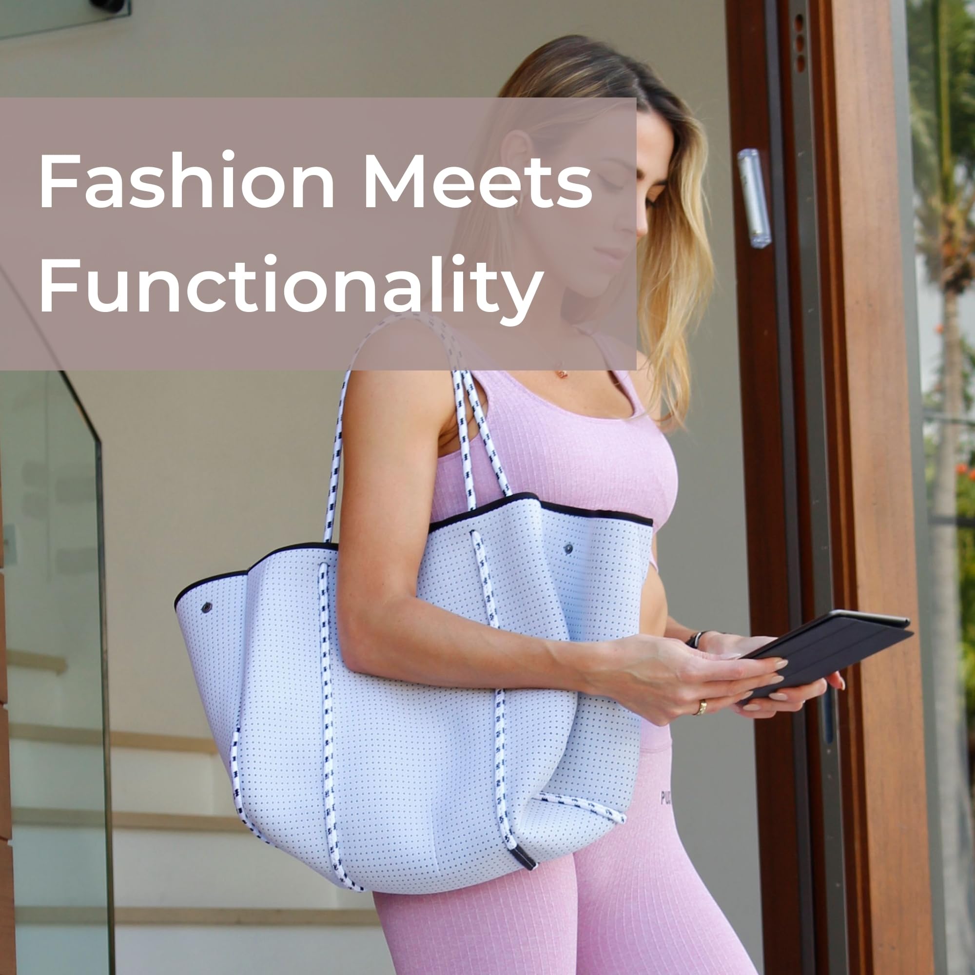 Stylish Large Neoprene Tote Bag for Women - Water-Resistant Designer Handbag with Multiple Pockets & Zipper Pouch - Perfect for Work, Travel, Gym & Beach Outings