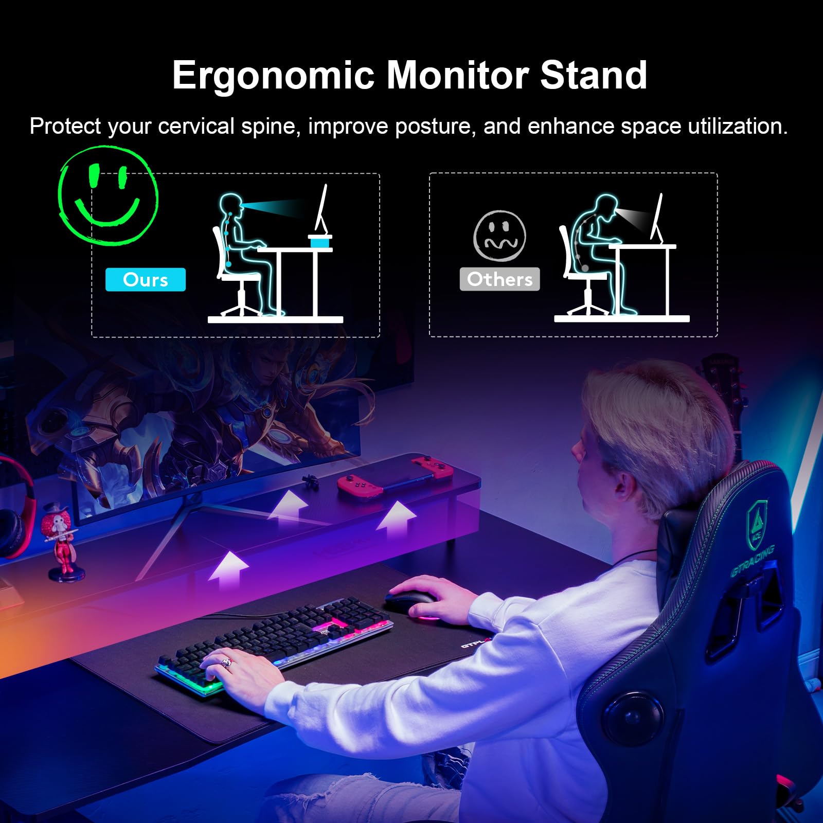 GTRACING 55 Inch LED Gaming Desk with Monitor Stand - Ergonomic Carbon Fiber Surface Computer Desk with RGB Mouse Pad for Home Office & Gaming Setup | Perfect for PC Gamers, Streamers & Remote Workers
