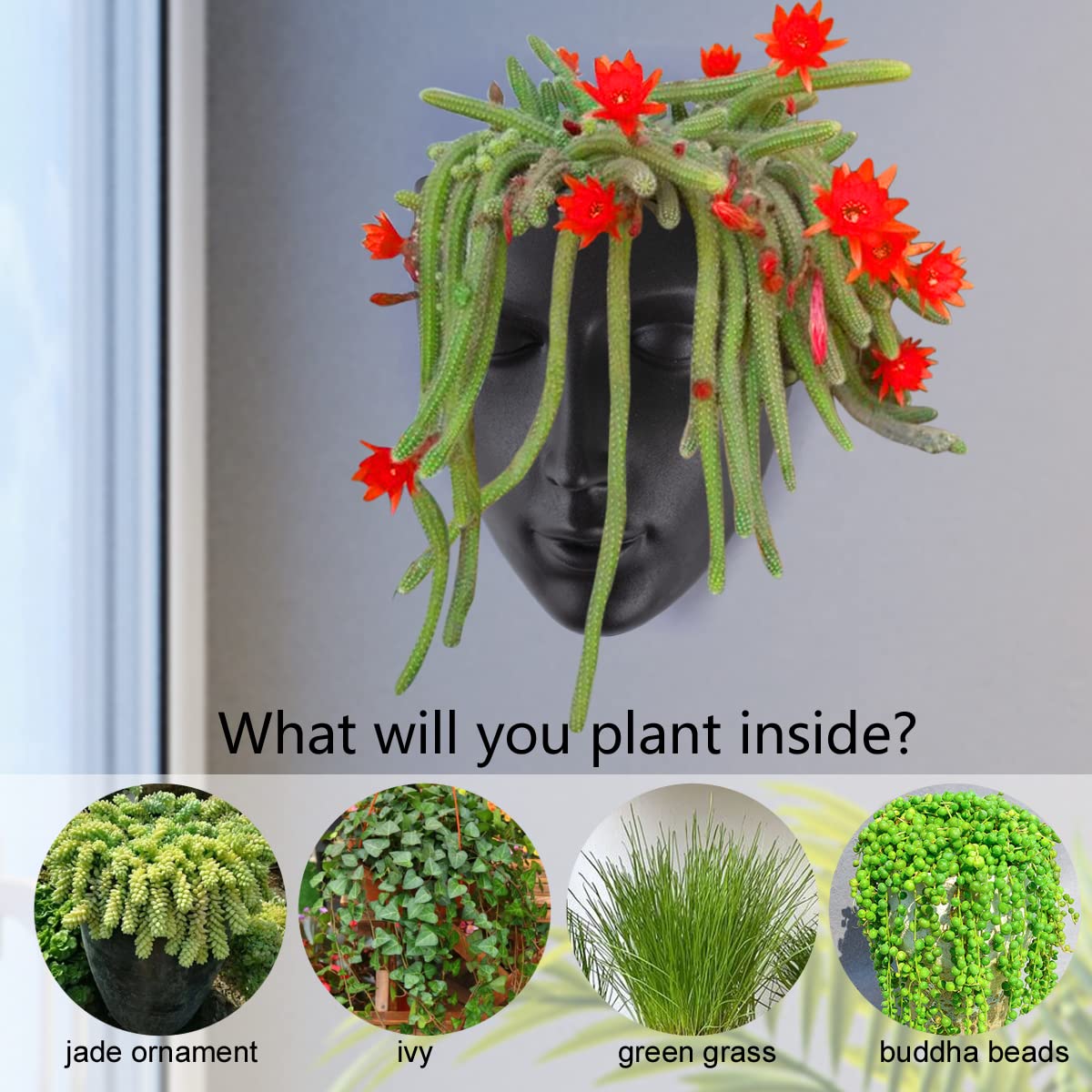 Unique Black Female Head Planter for Succulents - Indoor Wall Hanging Plant Pot with Drainage Hole | Perfect for Home Decor, Office Plants & Gift Ideas