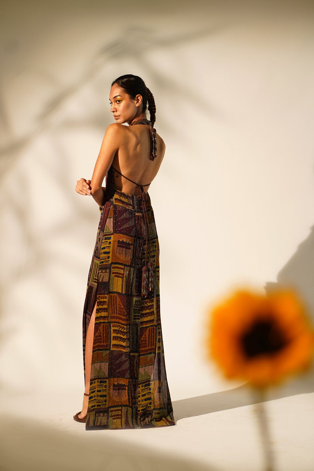 Stylish Multicolor Abstract Print Halter Neck Dress with Baroque Metallic Embellishments - Perfect for Cocktail Parties, Date Nights & Summer Vacations