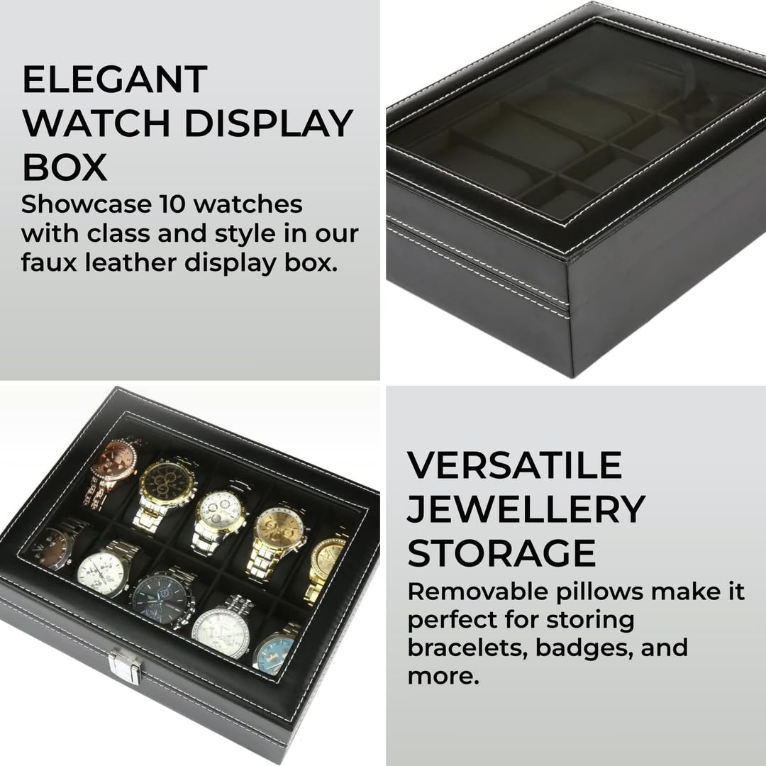 Premium Black Faux Leather Watch Box Organizer for Men & Women - Velvet Lined Display Case Holds 10 Watches - Perfect for Travel, Gift & Jewelry Storage