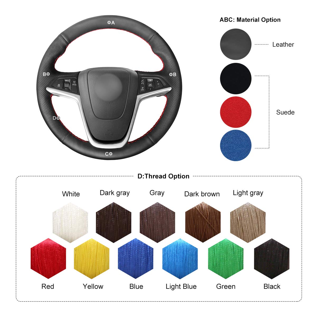 MEWANT DIY Hand-Stitched Genuine Black Leather Steering Wheel Cover - Fits Buick Encore (2013-2019), Verano (2012-2017), Cascada (2016-2019) - Upgrade Your Car Interior with Premium Leather Wrap