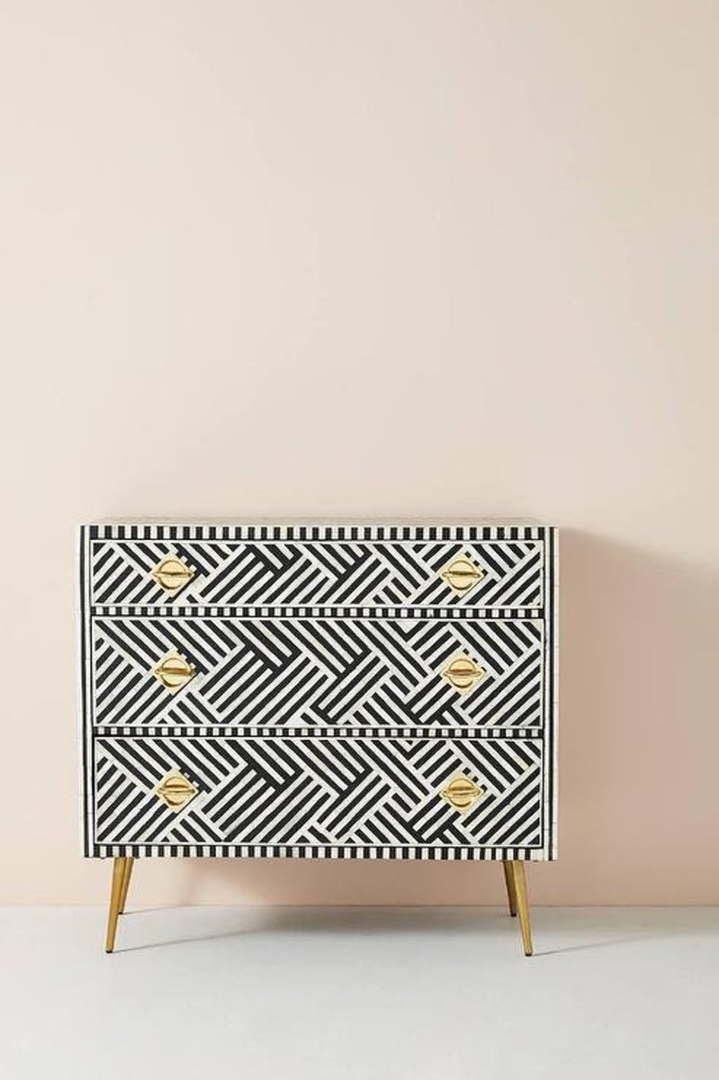 Handmade Bone Inlay 3-Drawer Dresser - Black & White Vintage Style Bedroom Furniture for Home Decor & Storage