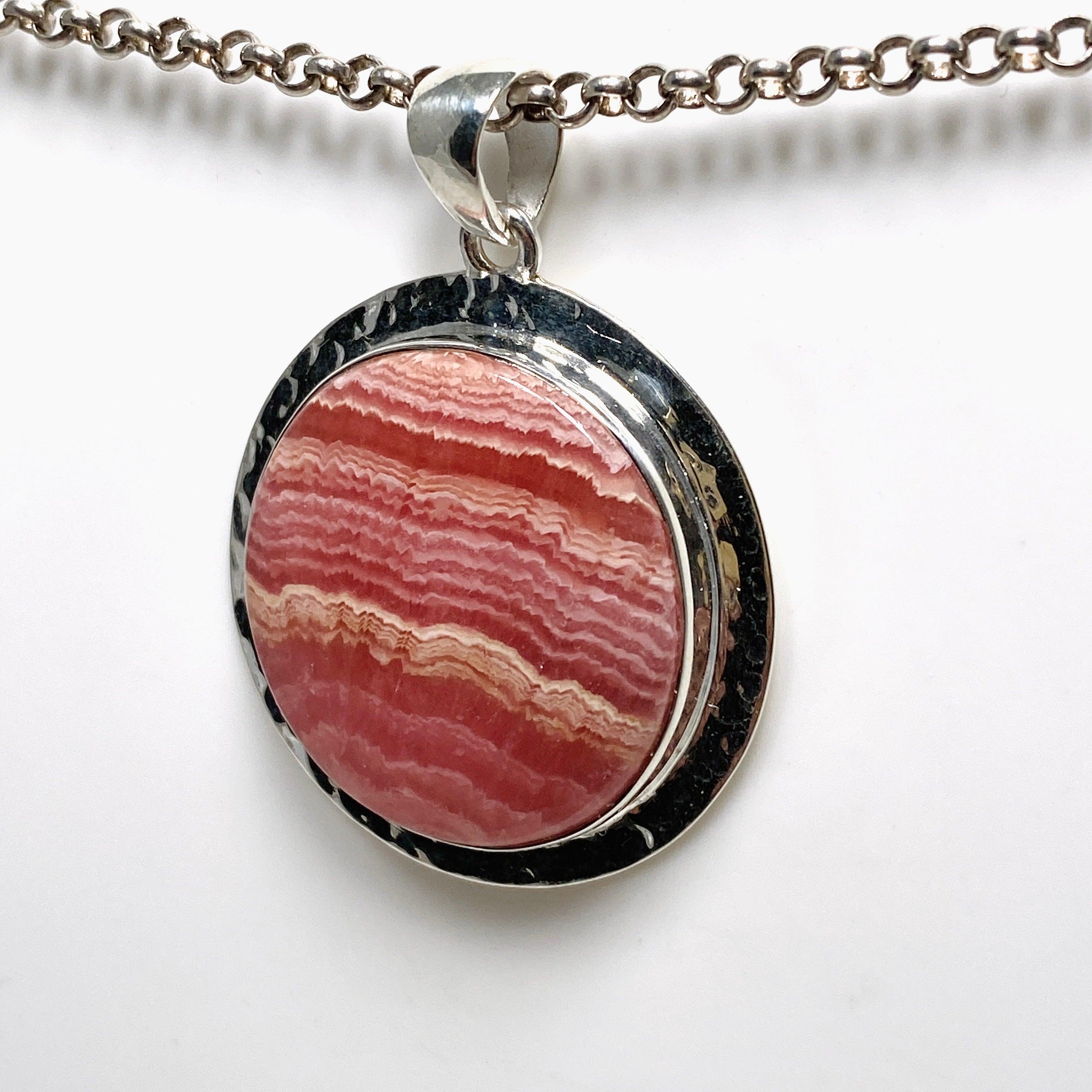 Rhodochrosite Round Pendant Necklace - Hammered Sterling Silver Setting KPGJ4321 | Healing Crystal Jewelry for Meditation & Energy Balancing