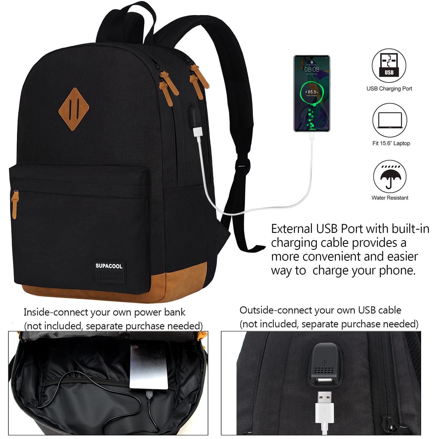 SUPACOOL Lightweight Laptop Backpack with USB Charging Port - Water-Resistant College & Travel Backpack for Men & Women (Black/Brown) - Perfect for Work, School & Daily Commute