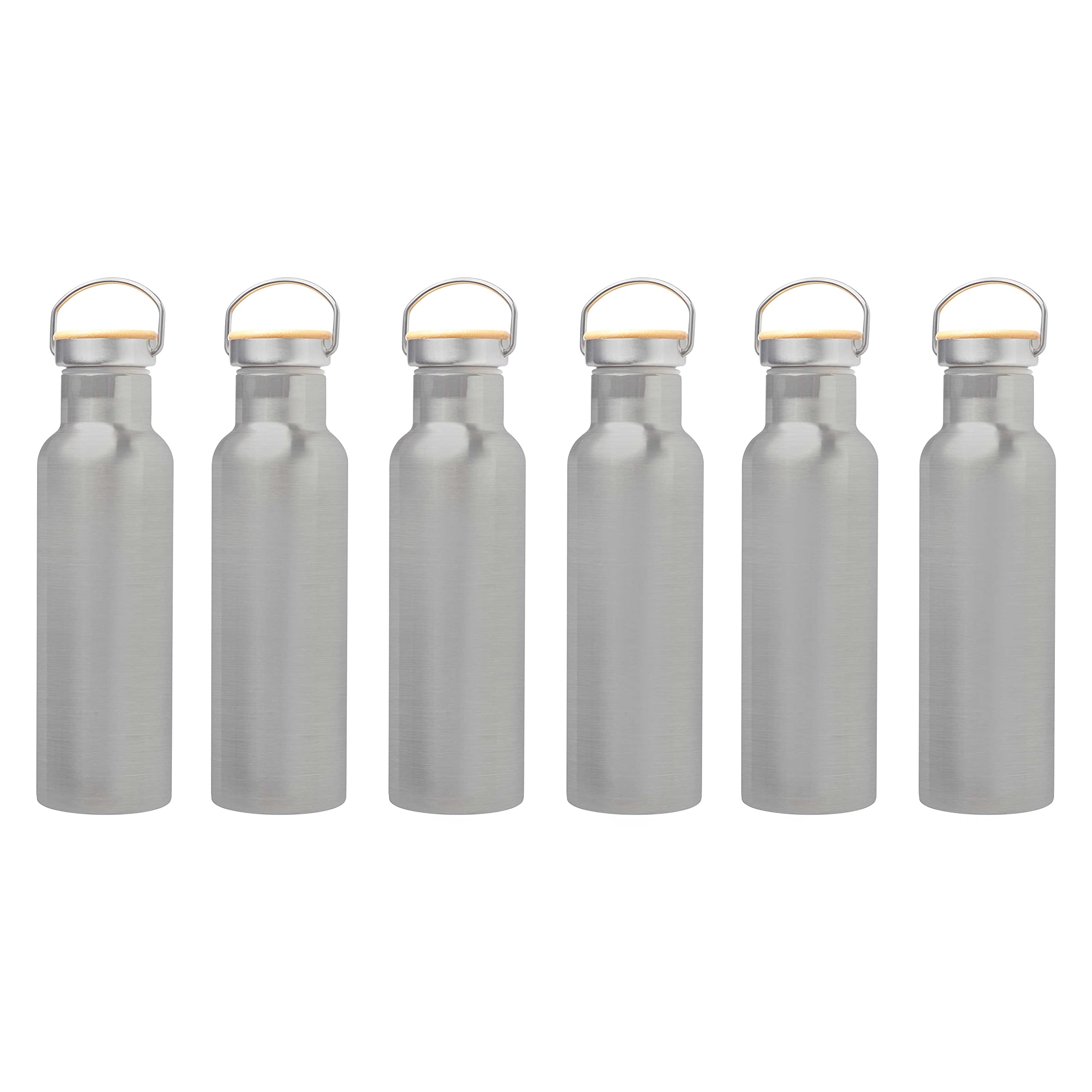 6-Pack Stainless Steel Water Bottles with Wooden Lid - 20oz Double Wall Insulated, Leak Proof, BPA-Free Silver Bottles for Gym, Hiking, Office & Outdoor Activities