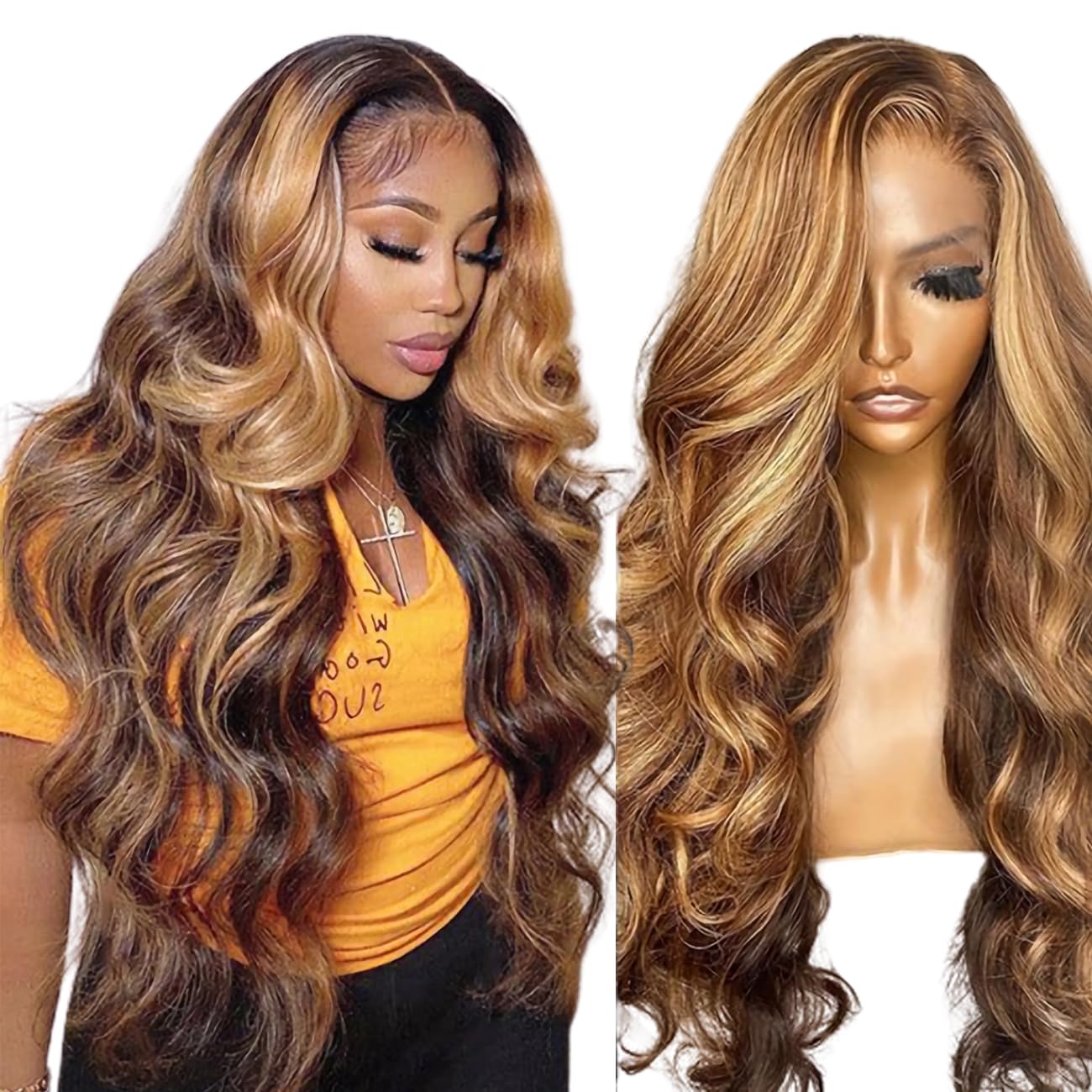 Honey Blonde Ombre Human Hair Lace Front Wig - 13x4 HD Pre-Plucked, 180% Density, 30 Inch Body Wave Lace Wig for Women | Perfect for Cosplay, Daily Wear & Special Occasions