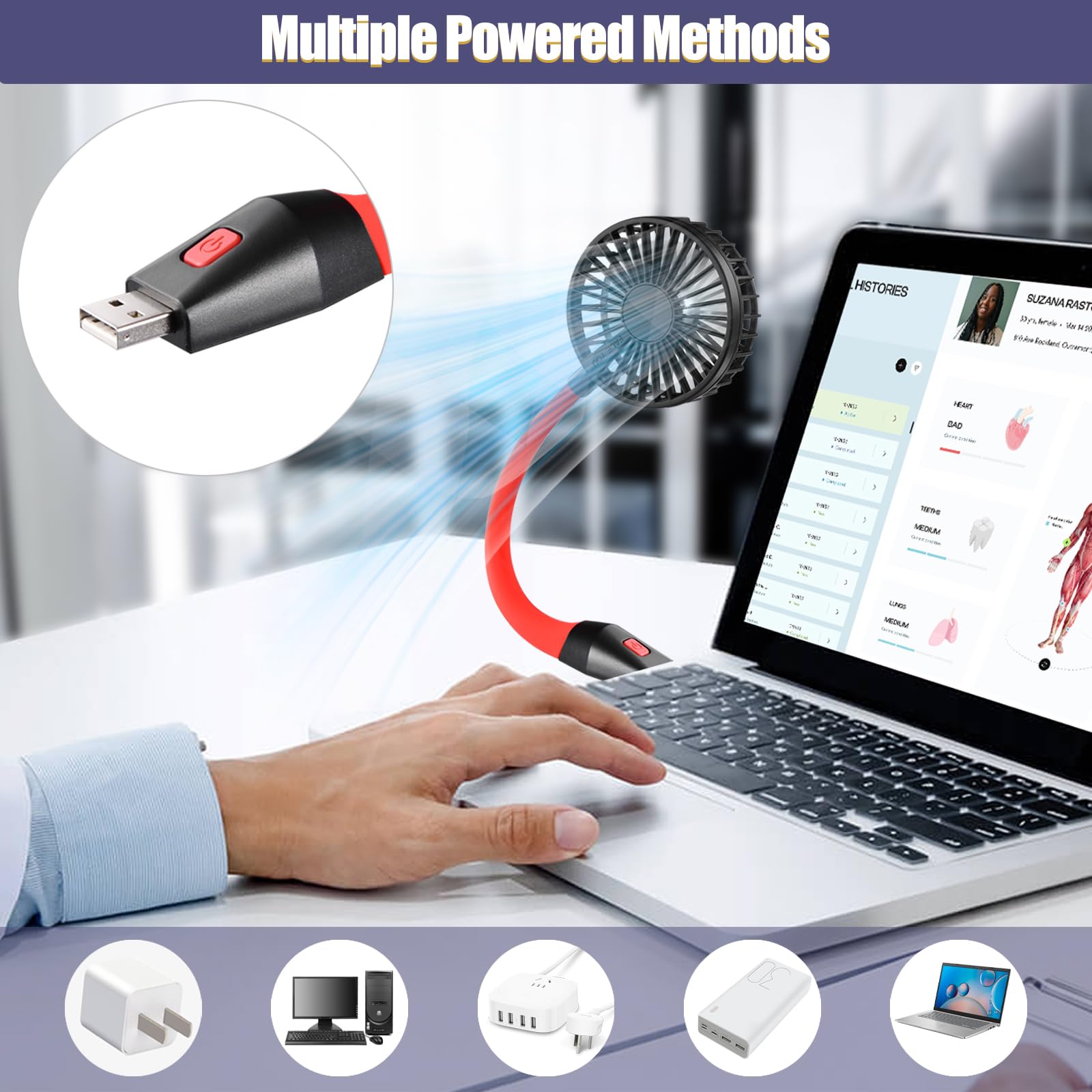 Glovion USB Mini Desk Fan - 3 Speed Portable Personal Fan with Night Light & Flexible Neck | Strong Airflow USB Powered Cooling Fan for Office, Home, Bedroom, Laptop, Desktop & Travel | Perfect for Work, Study & Summer Comfort