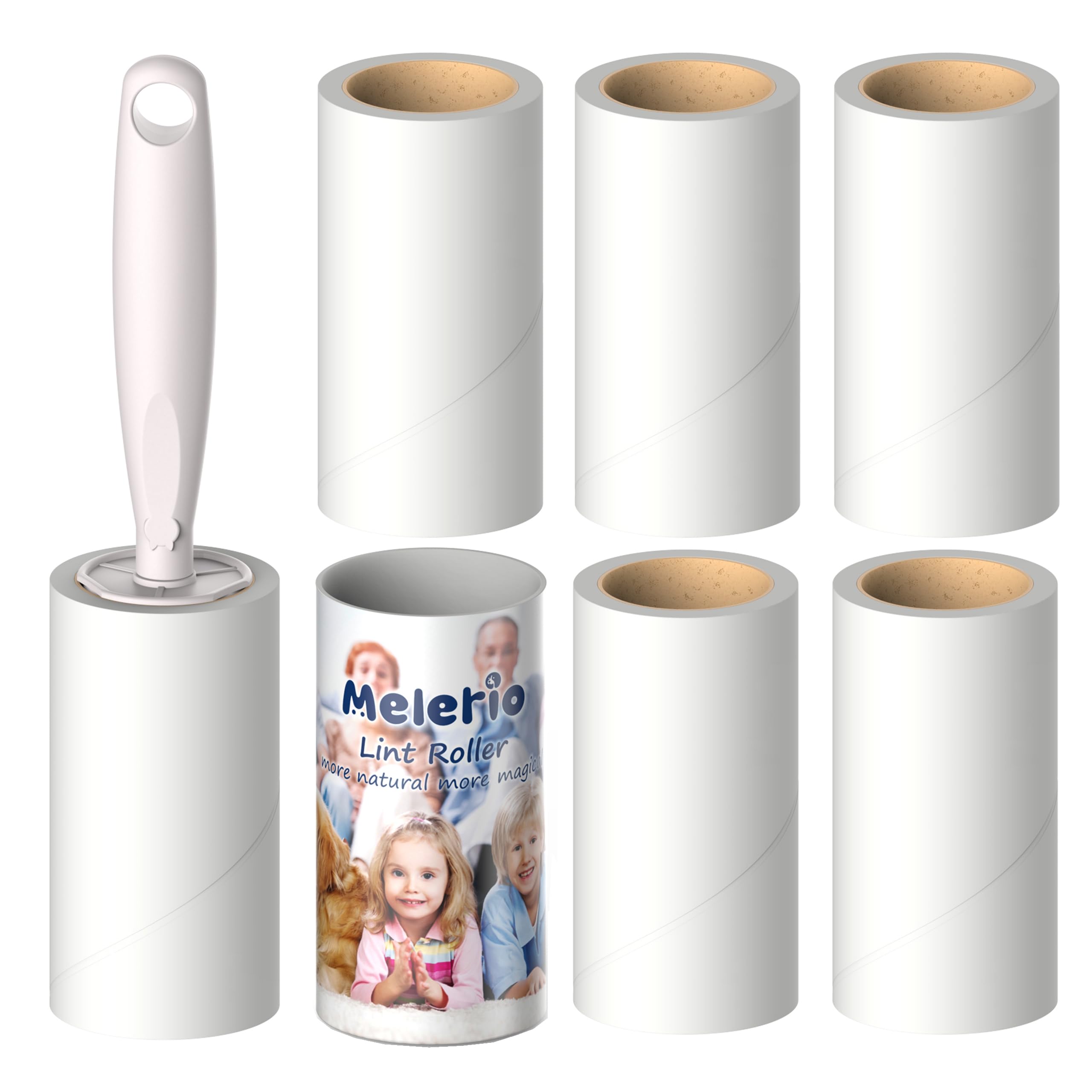 MELERIO Lint Rollers Set - 6 Refills (420 Sheets) with 1 Handle, 1 Dust Cover & 5 Extra Sticky Rollers for Clothes, Furniture, Pet Hair Removal - Perfect for Home, Office, Car and Travel Use