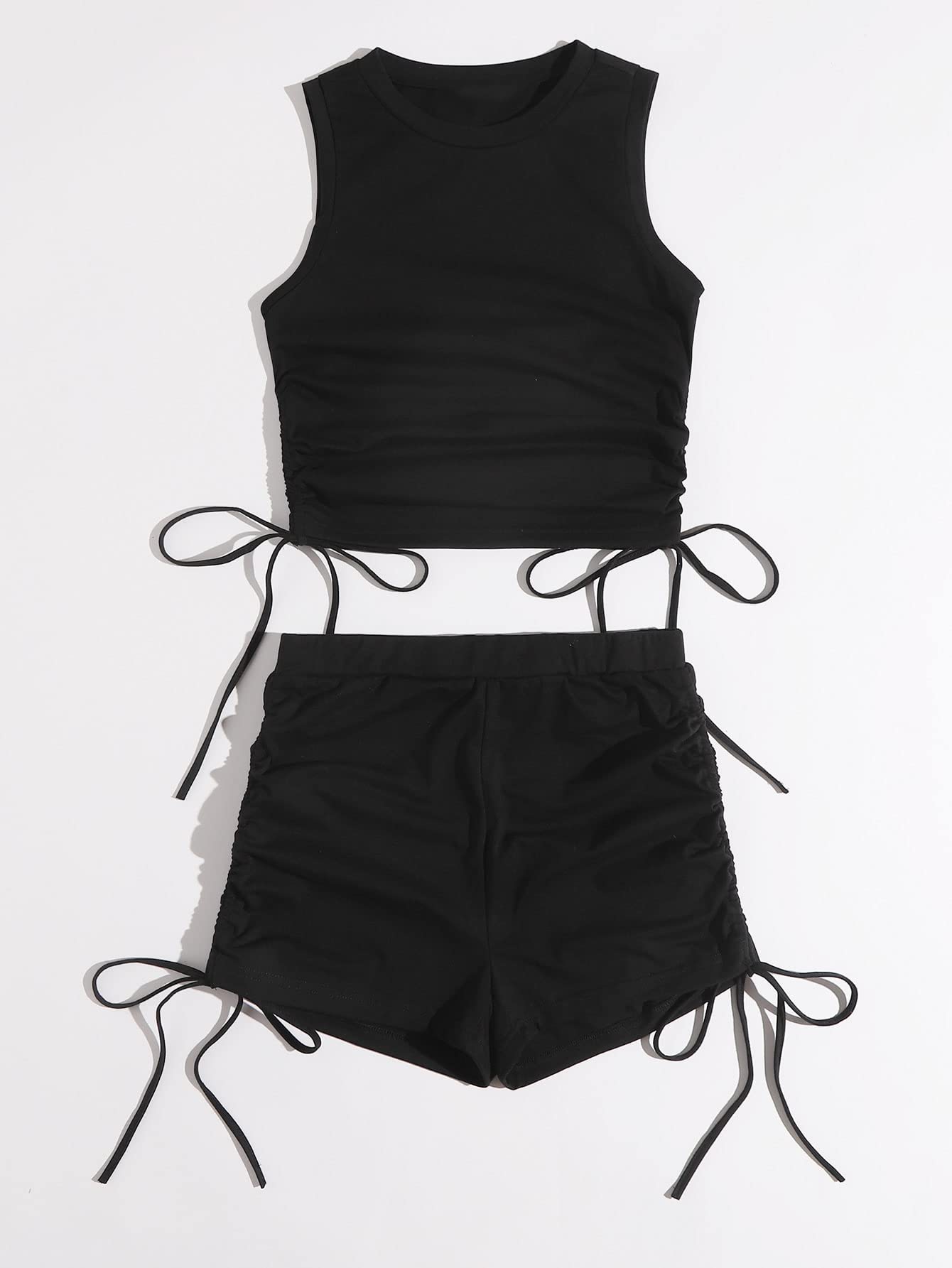 GORGLITTER Women's 2-Piece Summer Outfit Set - Ruched Crop Top & Drawstring Shorts for Casual Wear, Gym, Beach Vacation & Street Style