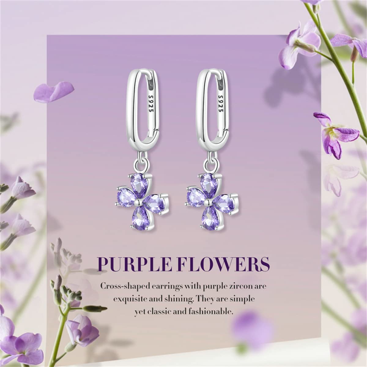 BISAER 925 Sterling Silver Purple Flower Stud Earrings with Crystal CZ Accents - Elegant Hoop & Dangle Drop Earrings for Women | Perfect for Parties, Weddings & Everyday Wear
