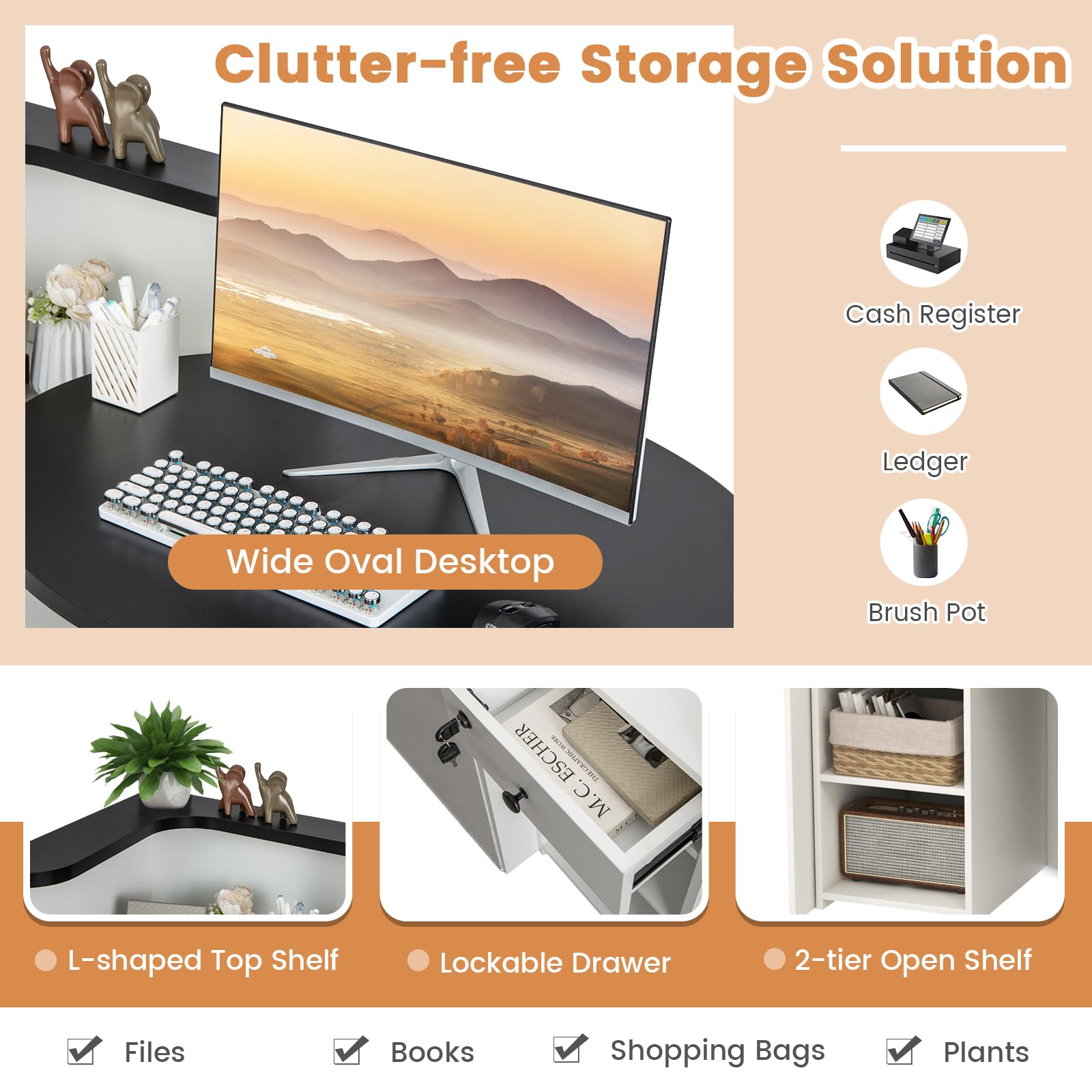 Tangkula Oval Reception Desk with Lockable Drawer & Adjustable Shelf - Front Counter Workstation for Retail Checkout, Salon Lobby, Office & Home Office - Durable Computer Desk for Professional & Personal Workspaces