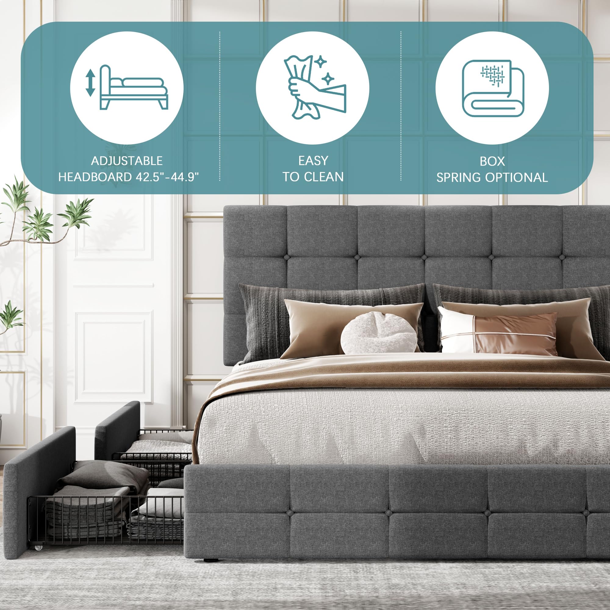 HOOMIC Queen Size Storage Bed Frame with 4 Drawers & Adjustable Headboard - No Box Spring Needed, Wooden Slats, Noise Free, Easy Assembly - Dark Grey Tufted Platform Bed for Bedroom, Guest Room, Dorm