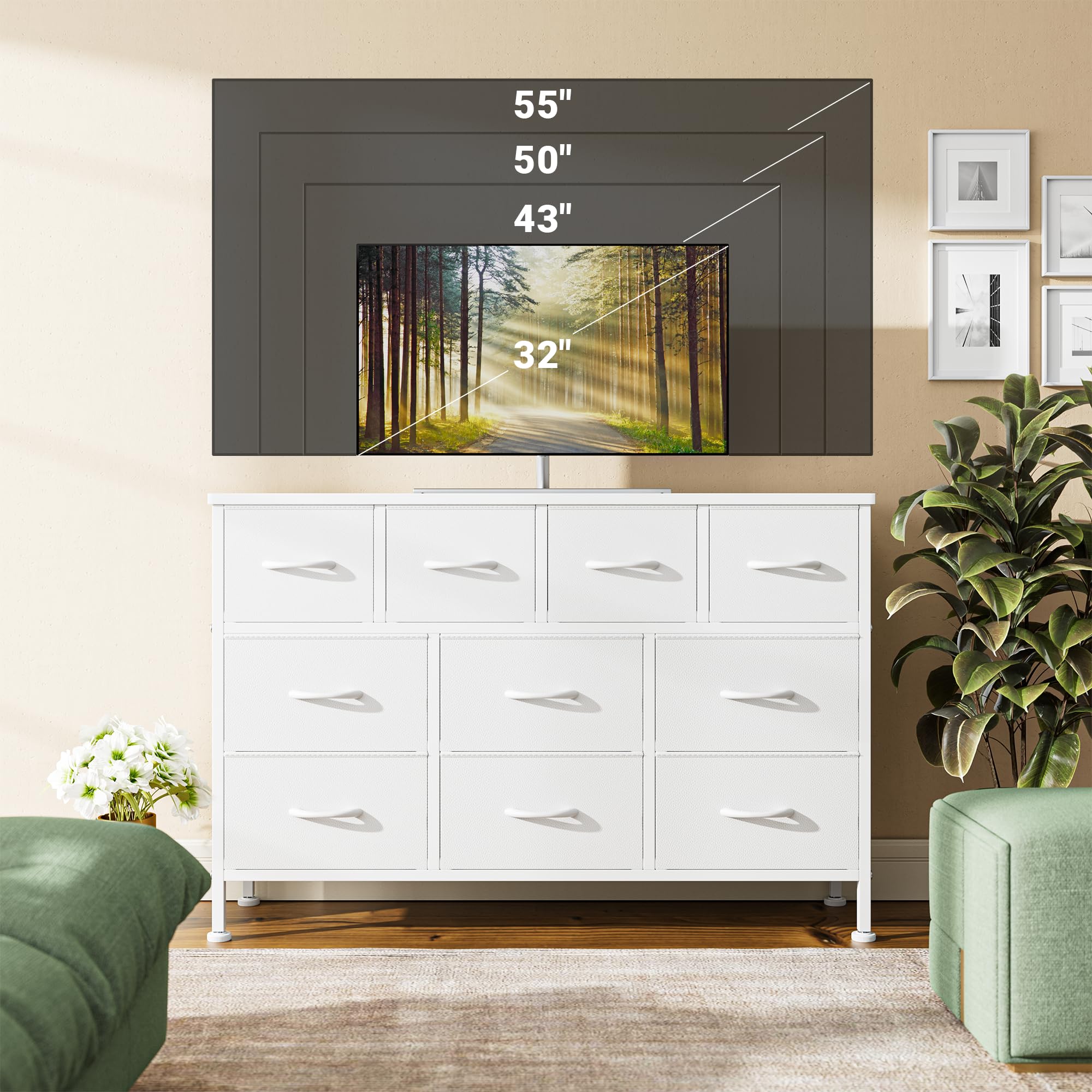 Lulive 10-Drawer White Dresser with Power Outlet - Bedroom Storage Organizer, TV Stand for 55