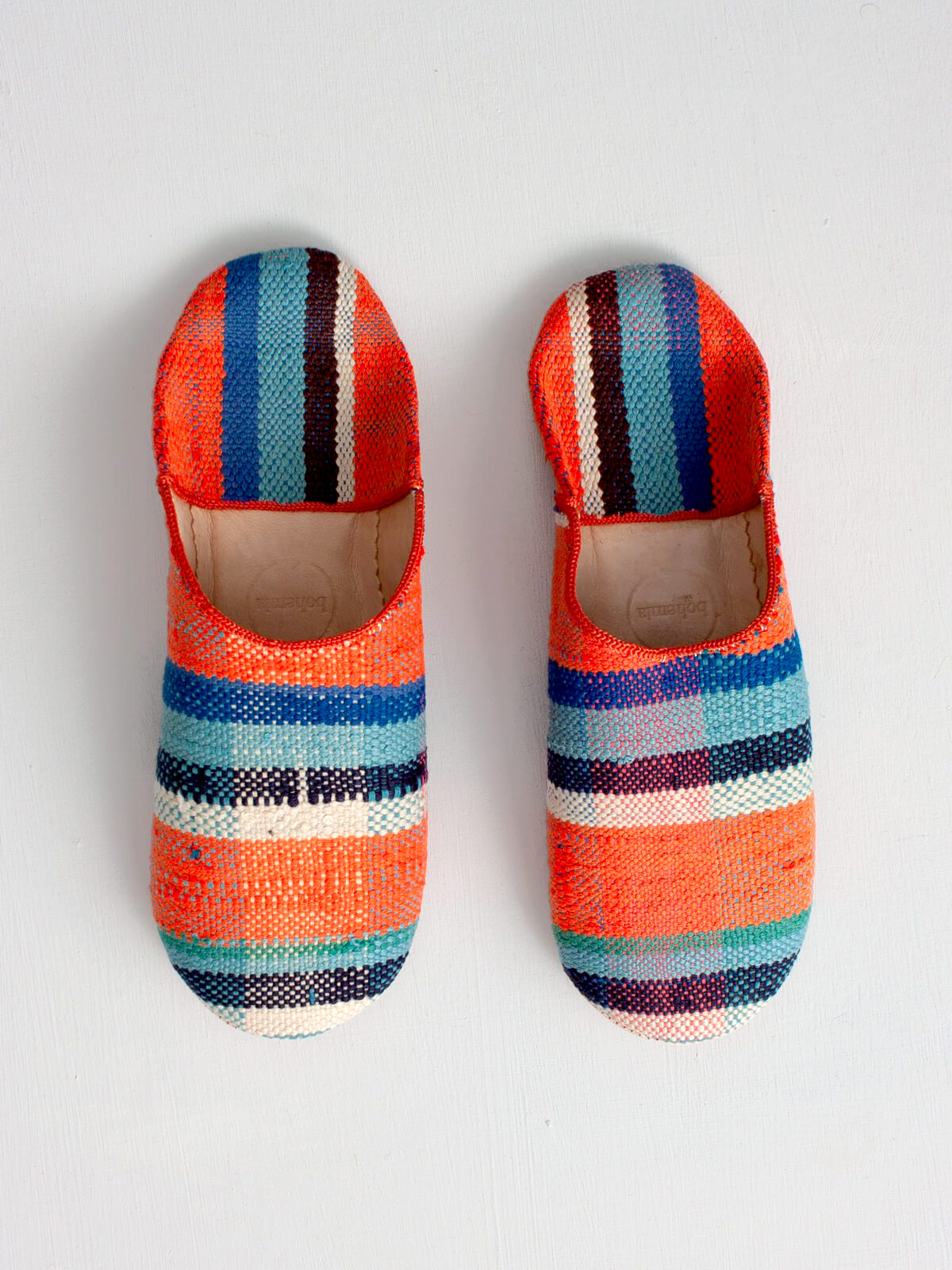 Authentic Moroccan Boujad Babouche Slippers - Handmade Leather Comfort Shoes in Orange & Blue Checkered Pattern | Perfect for Home, Lounge & Cultural Fashion