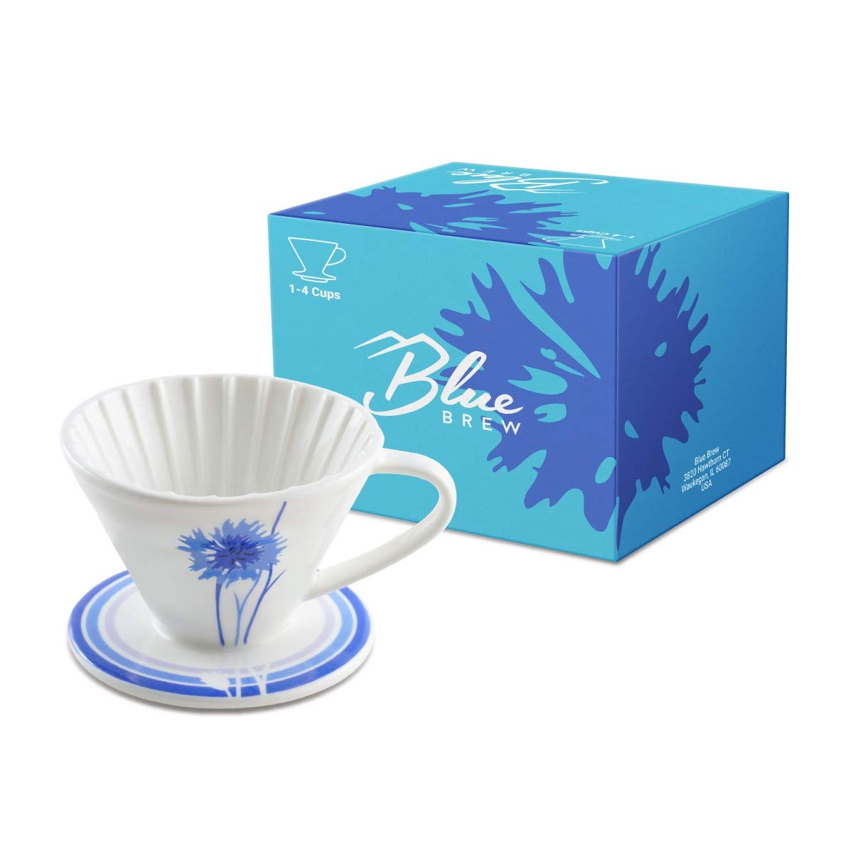 BLUE BREW Ceramic Pour Over Coffee Dripper - Size 02 Cone Coffee Maker for 1-4 Cups | Manual Brewing System | Dishwasher Safe | Perfect for Home, Office, Travel & Camping | Slow Drip Coffee Accessories (BB1002) | Ideal for Specialty Coffee Lovers & Baristas