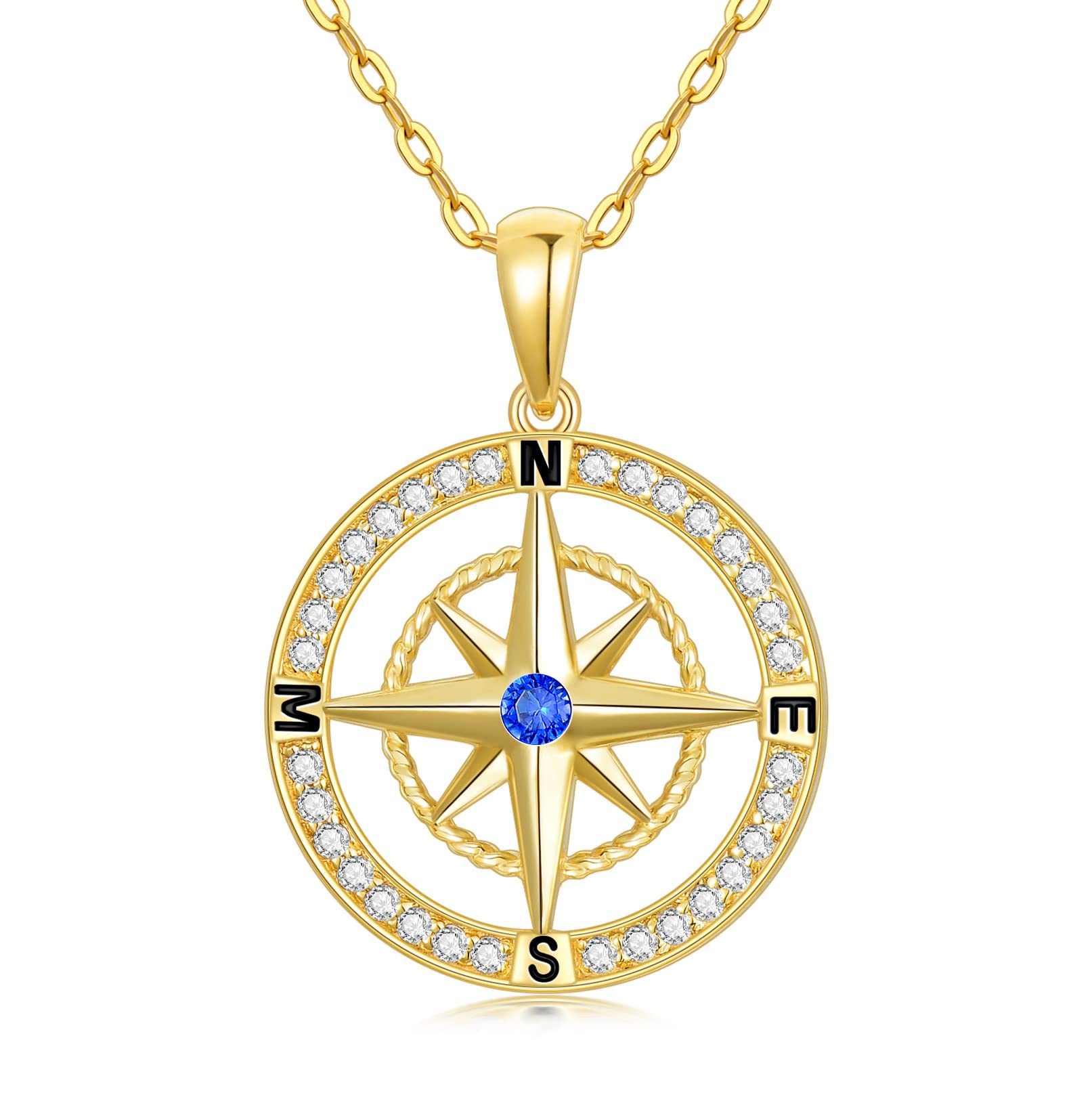 14K Real Gold Compass Pendant Necklace for Women - Dainty Yellow Gold Small Compass Necklace with Cubic Zirconia | Perfect Graduation Gift, Birthday Present for Wife & Mom | 16+2 Inch Chain | Elegant Everyday Jewelry & Special Occasion Accessory