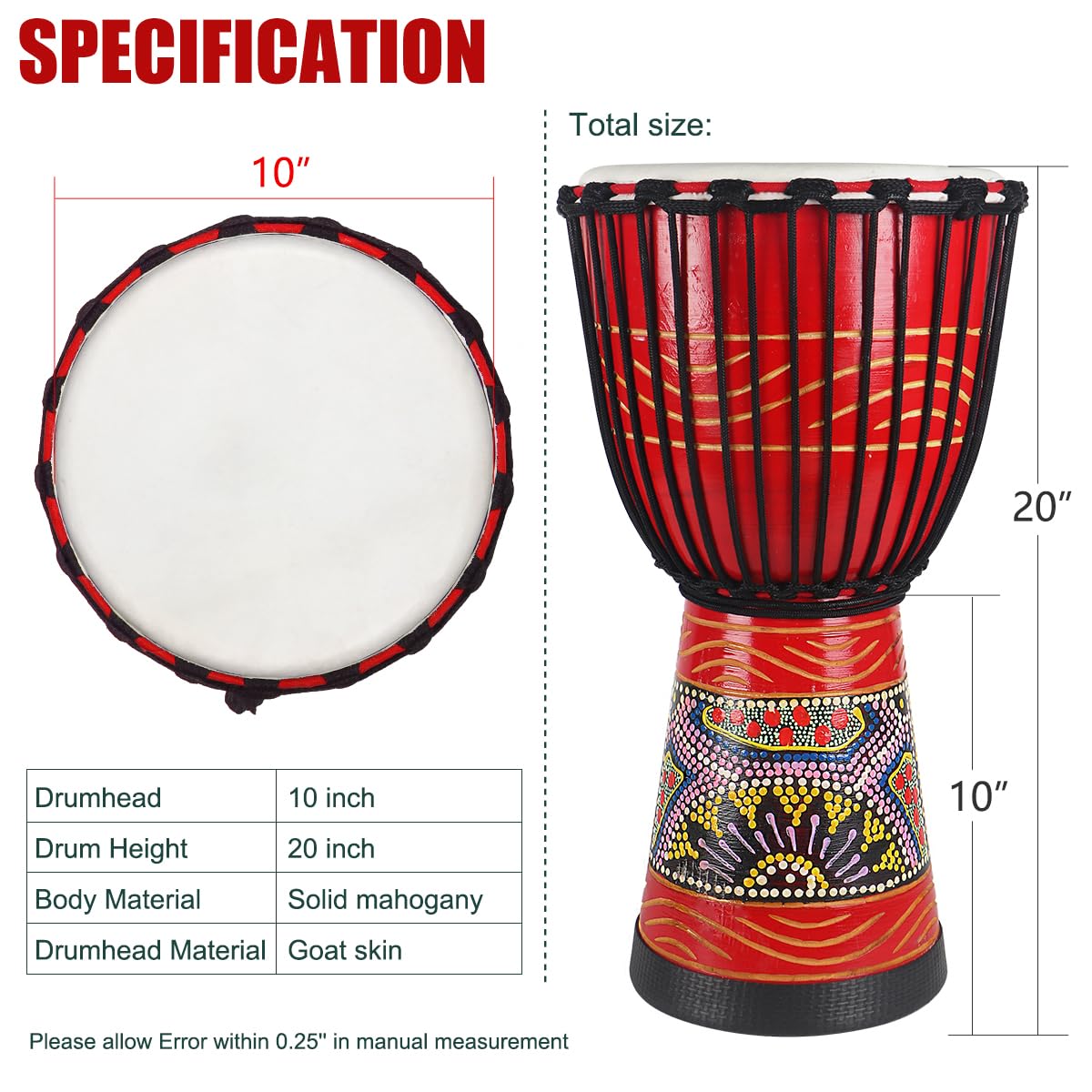 10'' Hand-Carved African Djembe Drum - Professional Mahogany Congo Bongo Drum with Goatskin Head for Adults | Perfect for Music Therapy, Drum Circles & Cultural Performances