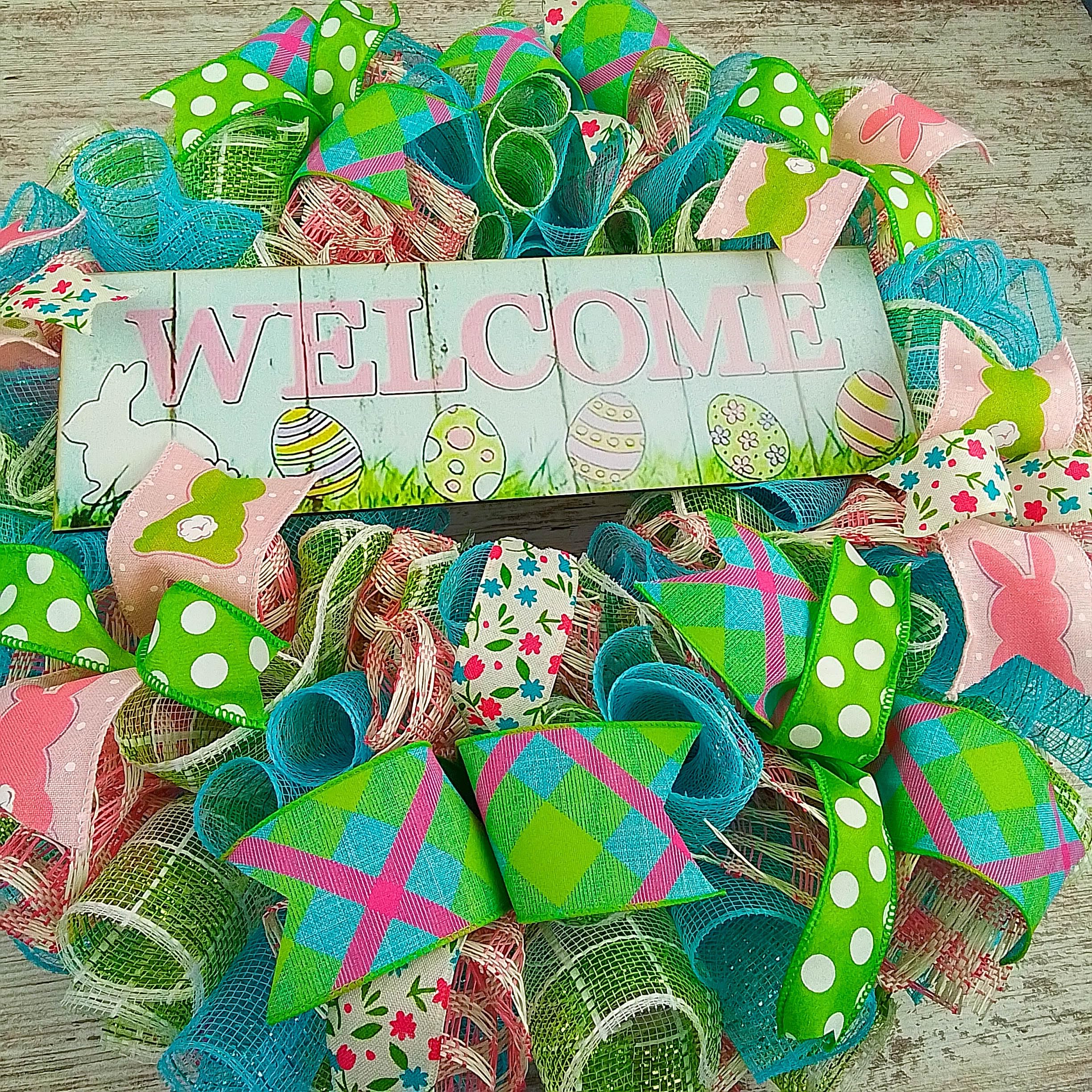 Easter Bunny Wreath - Spring Welcome Door Wreath in Pink, Turquoise, Lime Green & White | Easter Home Decor | Front Door Wreath for Spring & Easter Celebrations