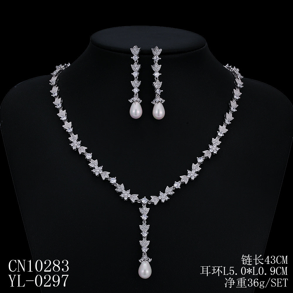 Elegant Cubic Zirconia & Pearl Wedding Jewelry Set for Women - Necklace & Earrings Bridal Accessories CN10283 | Perfect for Weddings, Anniversaries & Special Occasions
