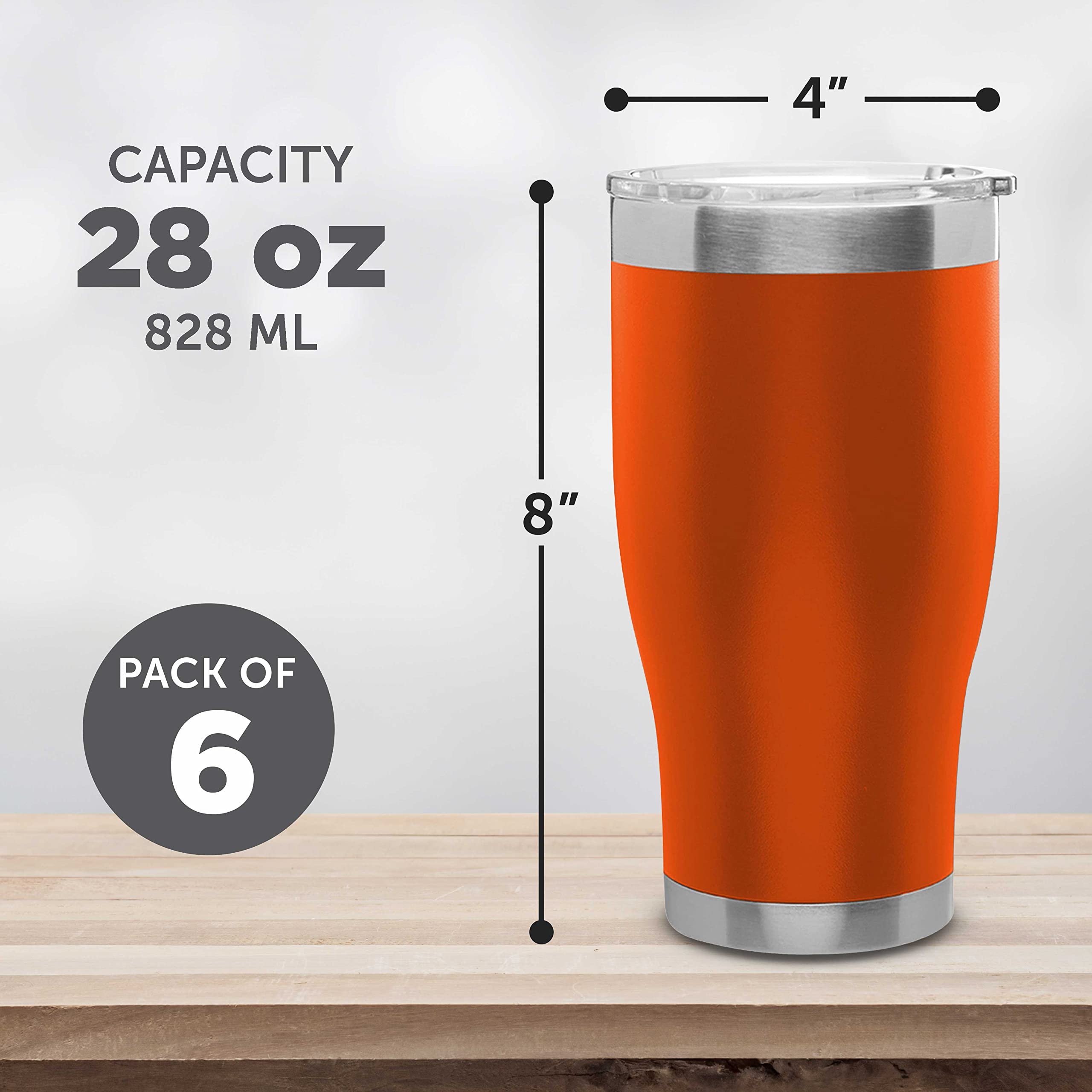Premium 28 oz Stainless Steel Tumblers Set of 6 - Insulated Double Wall Vacuum Cups for Hot & Cold Drinks - BPA-Free Bulk Pack for Smoothies, Iced Coffee, Soda - Ideal for Office, Gym, Camping, Travel & Outdoor Activities - Orange