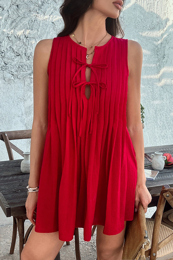 Solid Color Sleeveless Tie Pleated Casual Mini Dress for Women - Summer Beach Party, Date Night & Vacation Outfit