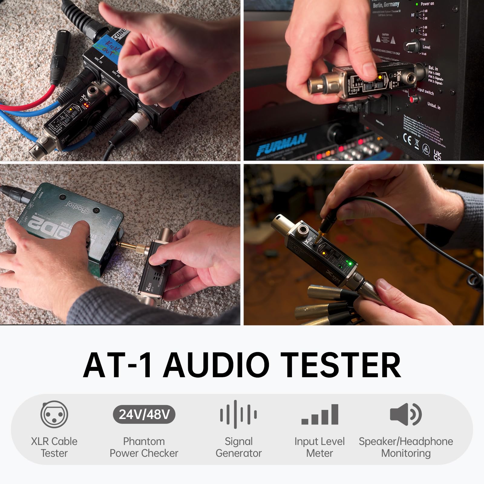 Xvive AT-1 Portable Audio Tester - Signal Generator, XLR Cable Tester, Phantom Power Checker with Input Level Meter & Headphone Monitor | Professional Audio Tool for XLR Cables, PA Systems, IEM, Mixers & DI Boxes | Perfect for Live Sound, Studio Recording & Equipment Testing