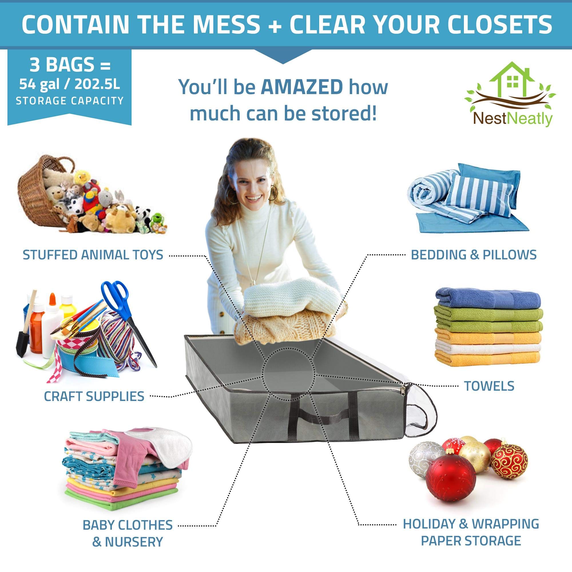 Foldable Under-Bed Storage Bags with Reinforced Handles & Metal Zipper - 2 Large Underbed Organizer Bins by Nest Neatly (Gray) - Perfect for Seasonal Clothing, Blankets, Shoes & Home Organization